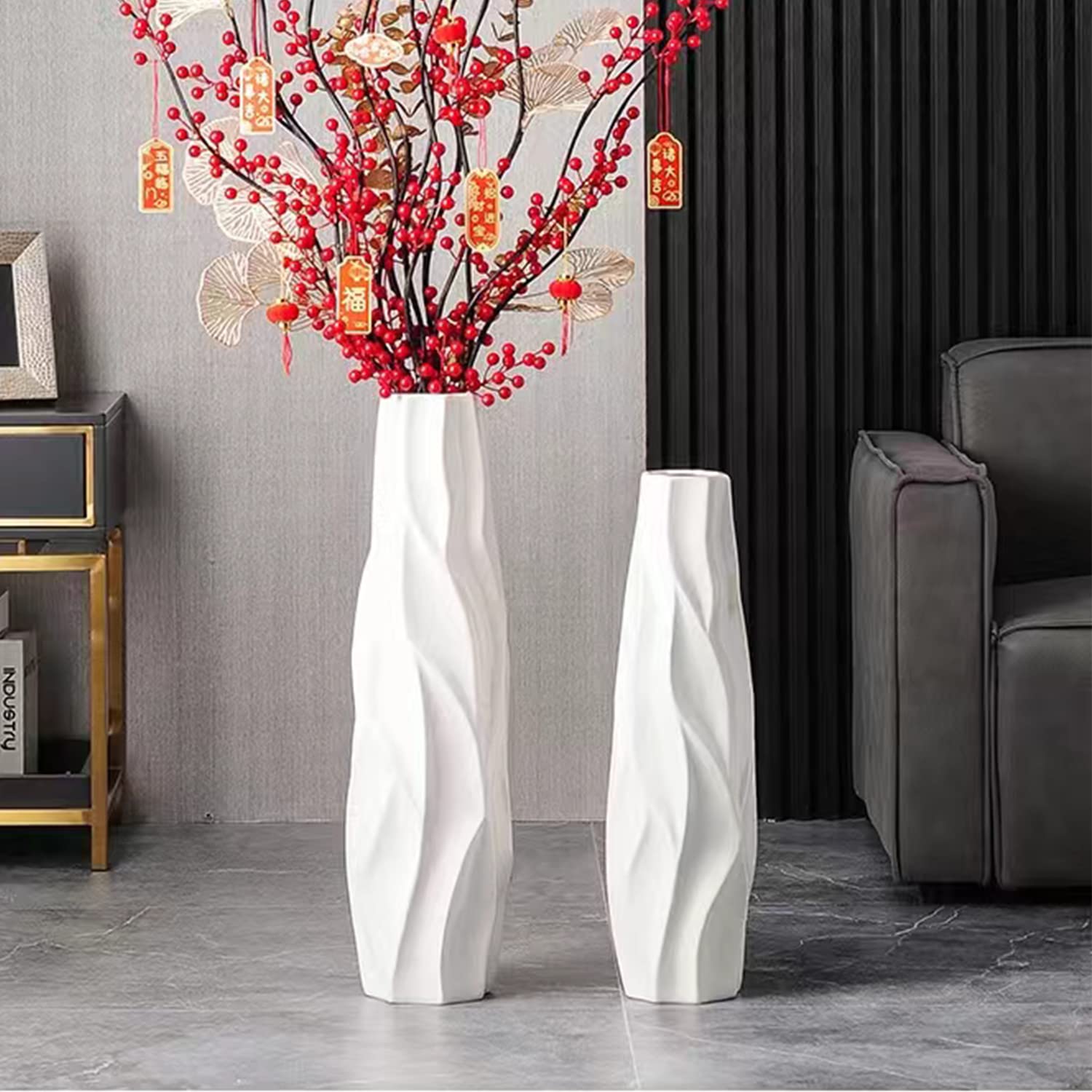 28 Inch Large White Ceramic Floor Vase - Modern Farmhouse Decor for Living Room, Office & Home | Origami Design Porcelain Flower Vase for Fall Arrangements | Perfect Gift Idea for Housewarming & Weddings