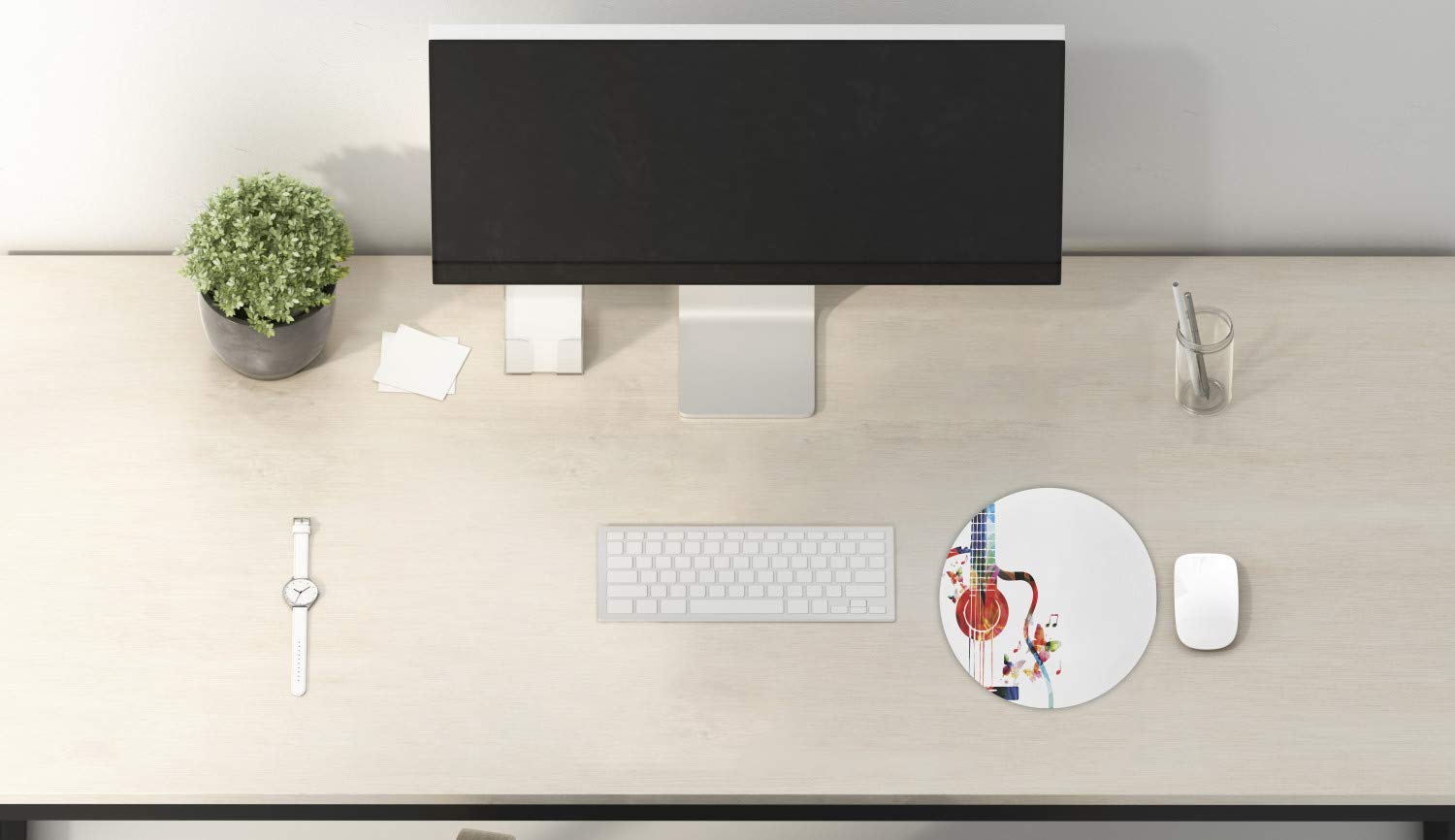 Ambesonne Round Guitar Mouse Pad - Colorful Polygonal Musical Instrument Design with Butterflies & Nature Theme - 8