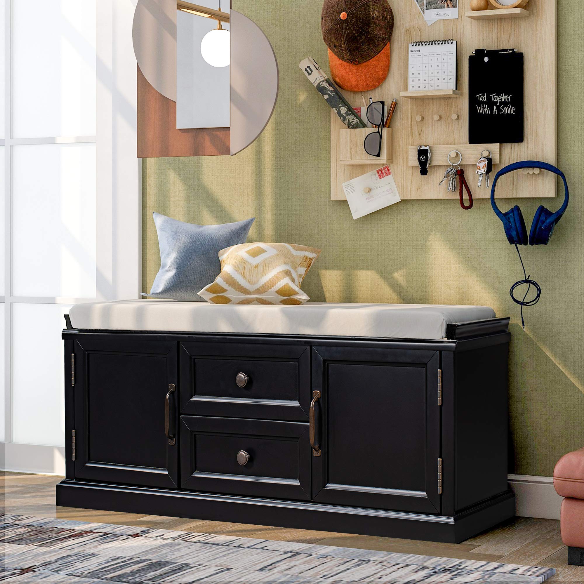 Wooden Storage Bench with Drawers & Cabinets - Multipurpose Shoe Bench for Entryway & Living Room