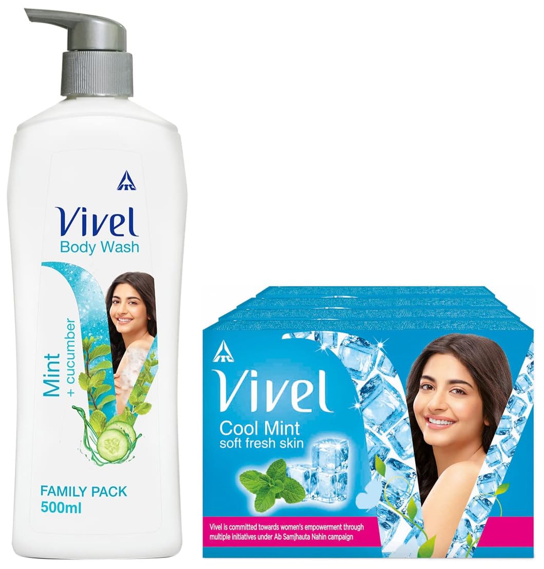 Vivel Cool Mint Bathing Soap with Menthol - Refreshing Body Wash for Soft Skin | Cooling Fragrance Combo Pack (4x150g Soap + 500ml Mint Cucumber Shower Crème) | Ideal for Morning Refreshment & Post-Workout Shower | Unisex Skincare for Men & Women