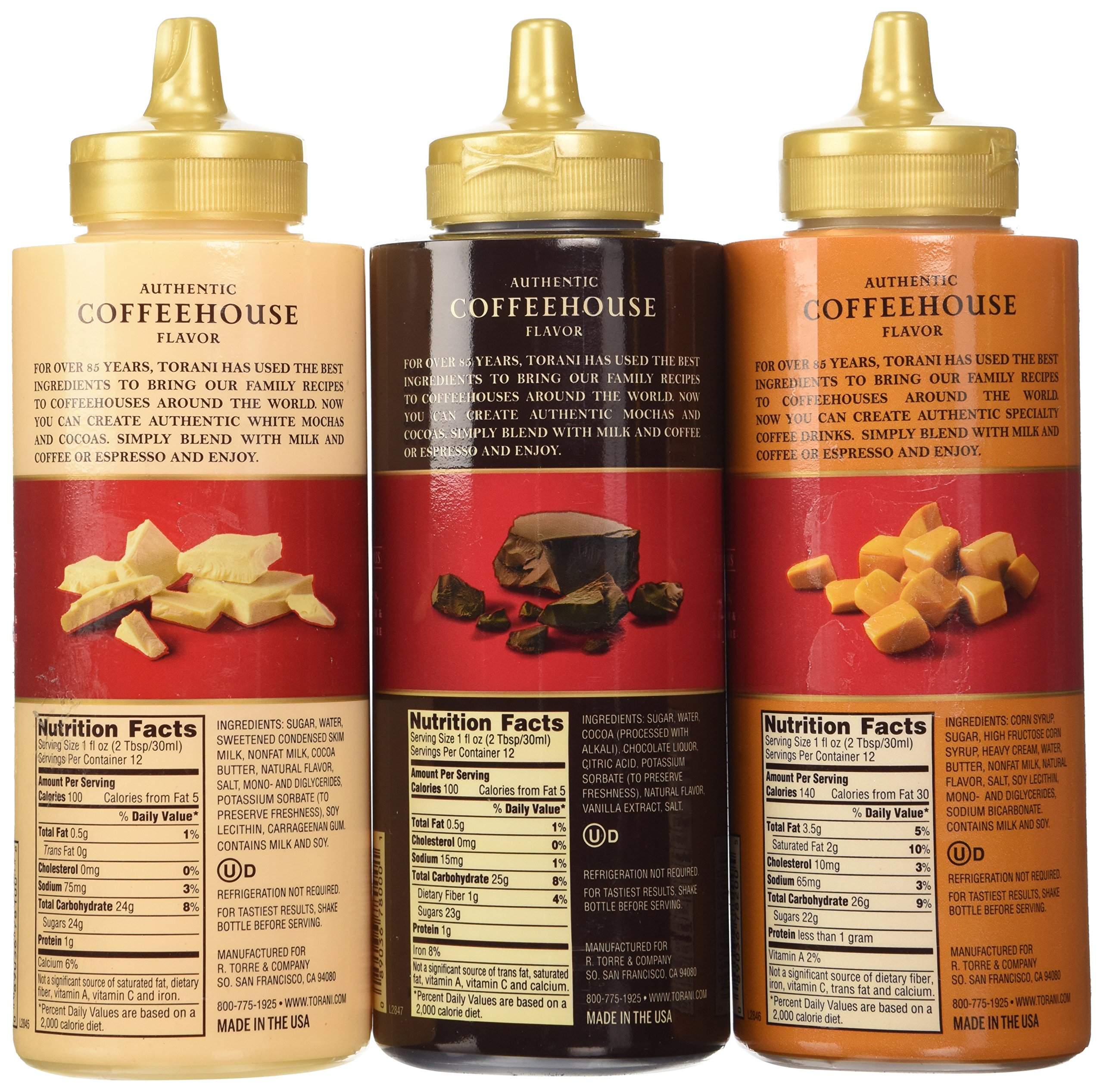 Torani Chocolate, Caramel & White Chocolate Syrup 3-Pack (16.5 Oz Each) - Perfect for Coffee, Desserts & Cocktails - NEW Packaging by Torani