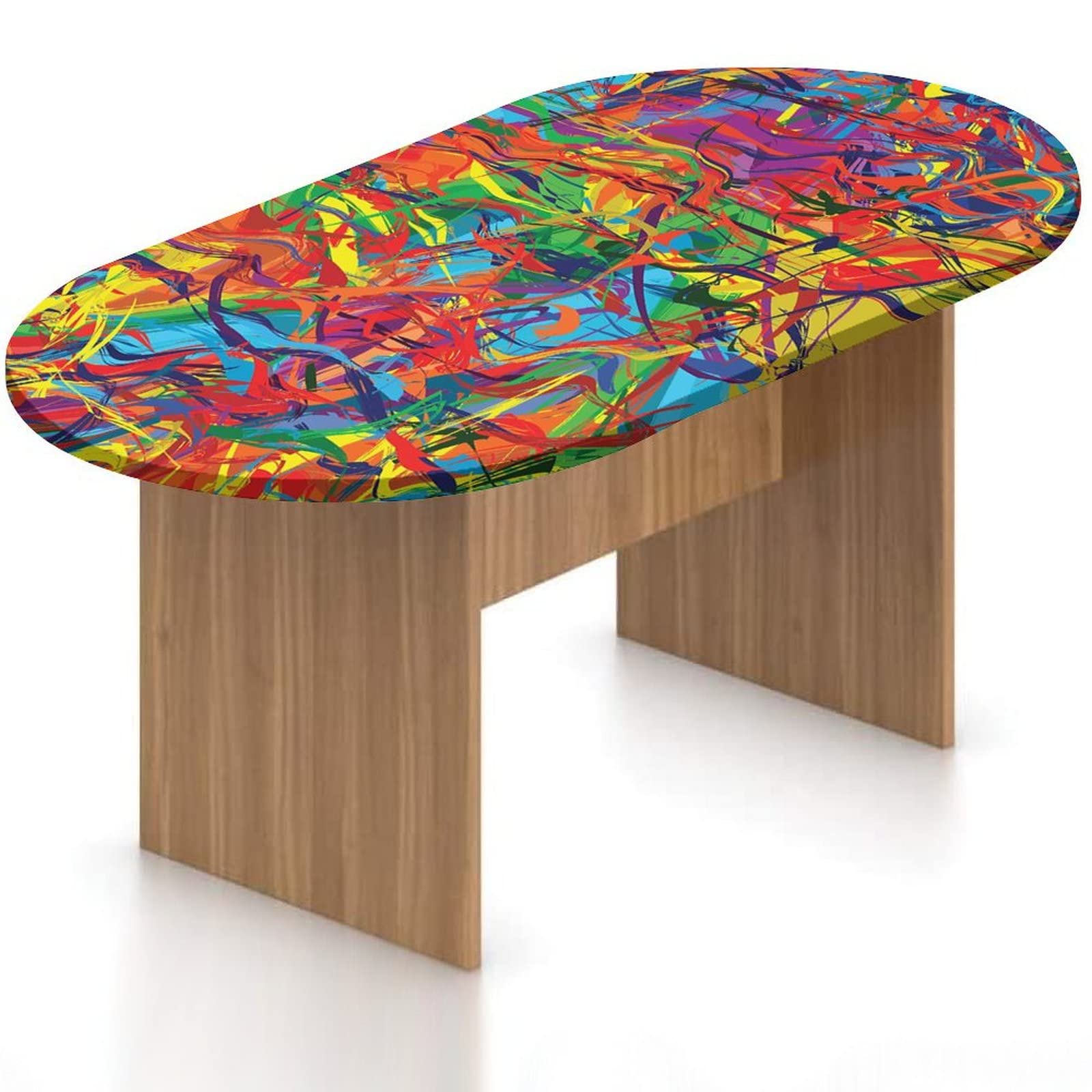 Modern Elasticized Polyester Fitted Oval Tablecloth - Colorful Rainbow Lines Print, Fits 42x60 Inch Oval Tables for Dining Room & Kitchen | Waterproof & Wrinkle-Resistant Table Cover for Parties, Holidays & Everyday Use