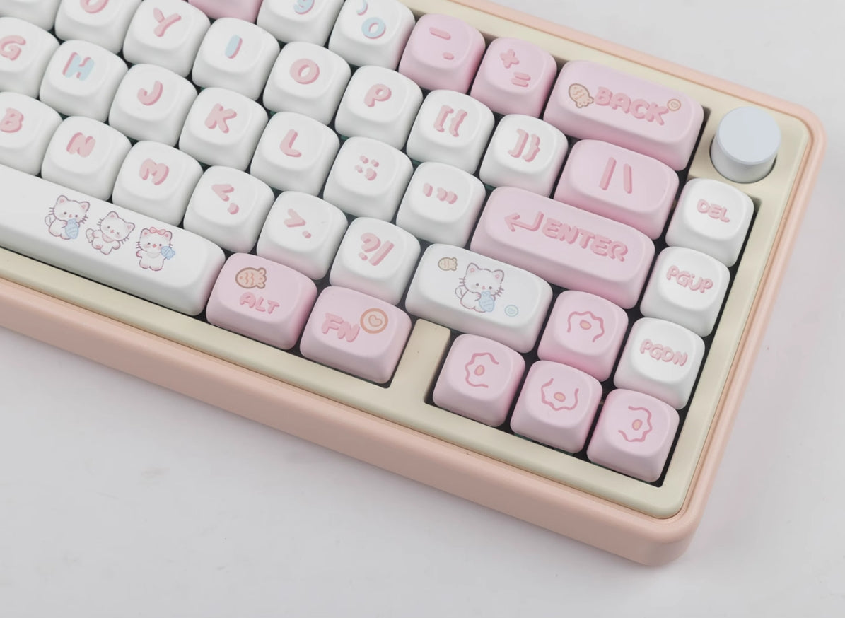 Pink MOA High MAC Heat Sublimation Custom Keycap Set - Cute Kitten Eating Fish Design for Mechanical Keyboards | Perfect for Gaming, Typing & Office Use
