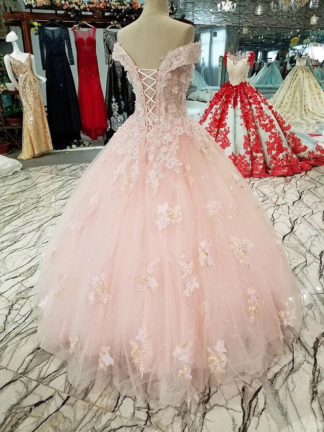 Elegant Blush Pink Wedding Dress Ball Gown with 3D Lace Flowers - Off Shoulder Bridal Gown for Romantic Ceremony & Formal Events