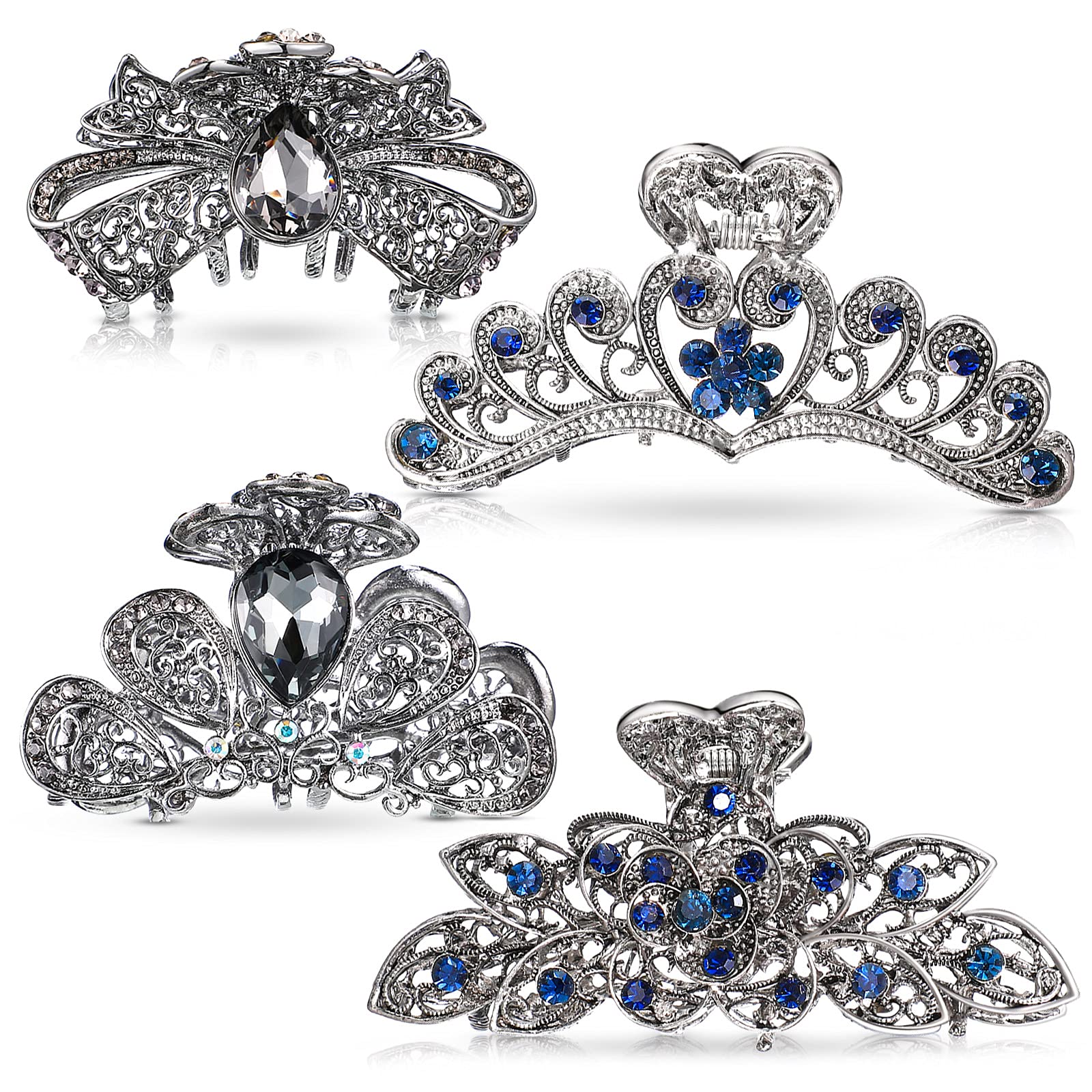 4Pcs Vintage Floral Metal Hair Clips with Non-Slip Rhinestones - Elegant Barrettes for Women & Girls - Perfect for Weddings, Parties & Everyday Hairstyling