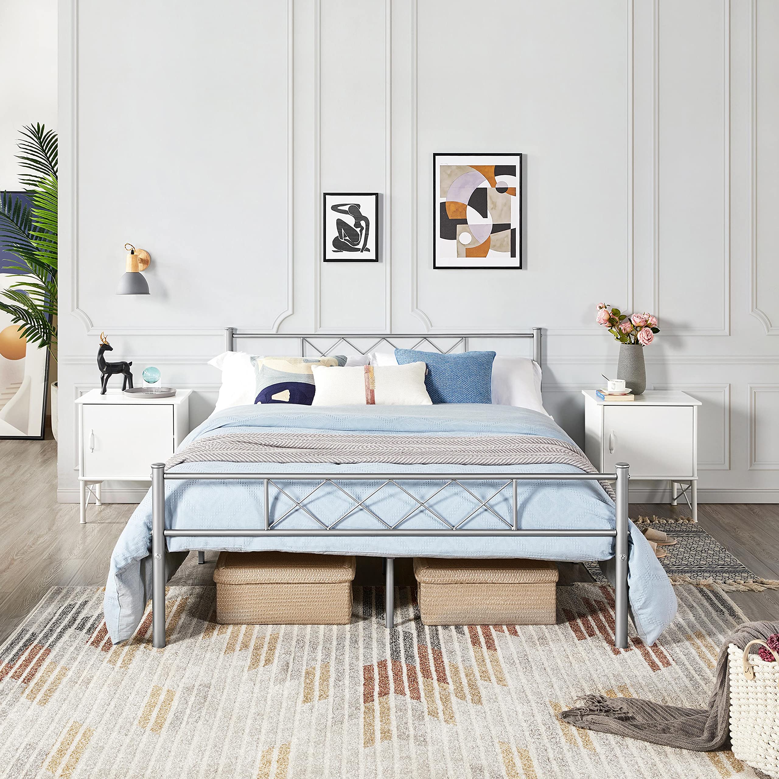 Yaheetech Metal Platform Bed Frame with Headboard & Footboard, Queen Size Mattress Foundation - No Box Spring Needed, Sturdy Steel Slats & Under Bed Storage, Silver | Perfect for Modern Bedrooms, Guest Rooms & Small Spaces