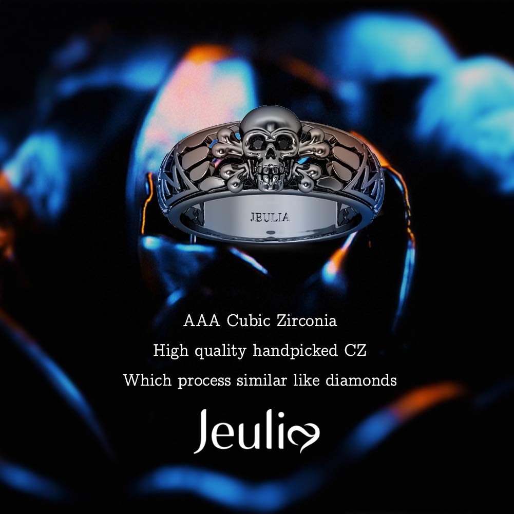 Jeulia 0.5 CT 925 Sterling Silver Skull Ring for Women & Men - Black Tone Eternity Band with CZ Cubic Zirconia - Wedding, Engagement, Anniversary, Promise Ring - Romantic Jewelry Gift for Gothic Lovers, Couples & Alternative Fashion