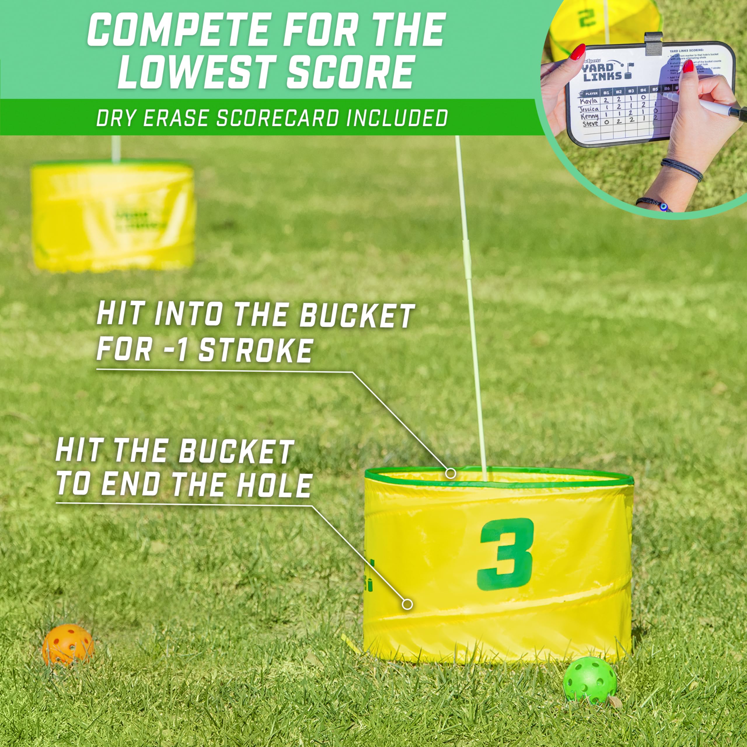 GoSports Yard Links Golf Game Set - 3, 6, or 9 Hole Backyard Golf Course with Golf Buckets, Tee Markers & Balls - Perfect for Outdoor Family Fun, Parties, and Backyard Practice