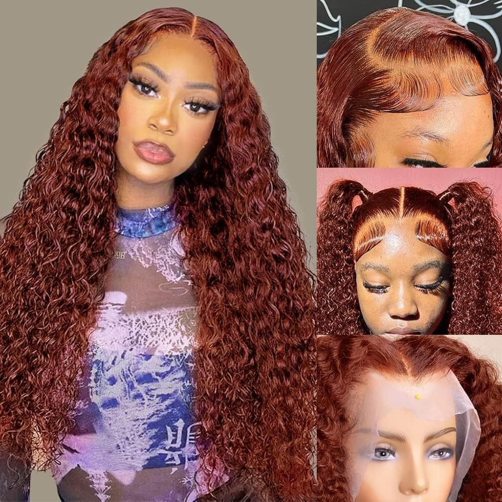 13x4 Reddish Brown Lace Front Human Hair Wig - Auburn Deep Wave Curly Wig for Women with Baby Hair | 180% Density 22 Inch Copper Red Colored Human Hair | Perfect for Daily Wear, Cosplay, and Special Occasions