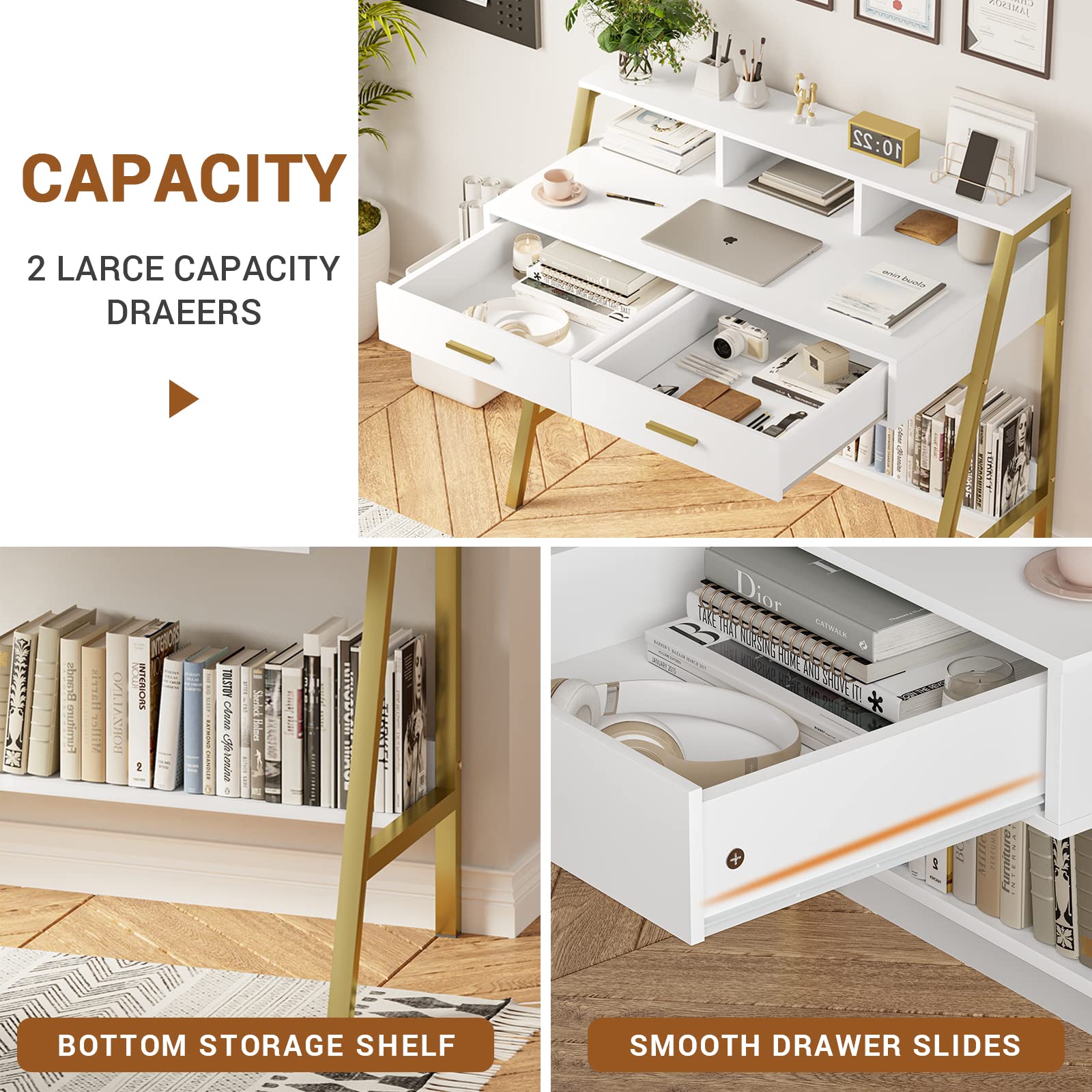 Tiptiper 41 Inch Modern Computer Desk with Drawers & Storage Shelf - White and Gold Home Office Desk with Monitor Stand, Study Writing Table, Laptop PC Workstation (Perfect for Small Spaces, Home Office, Gaming Setup & Remote Work)