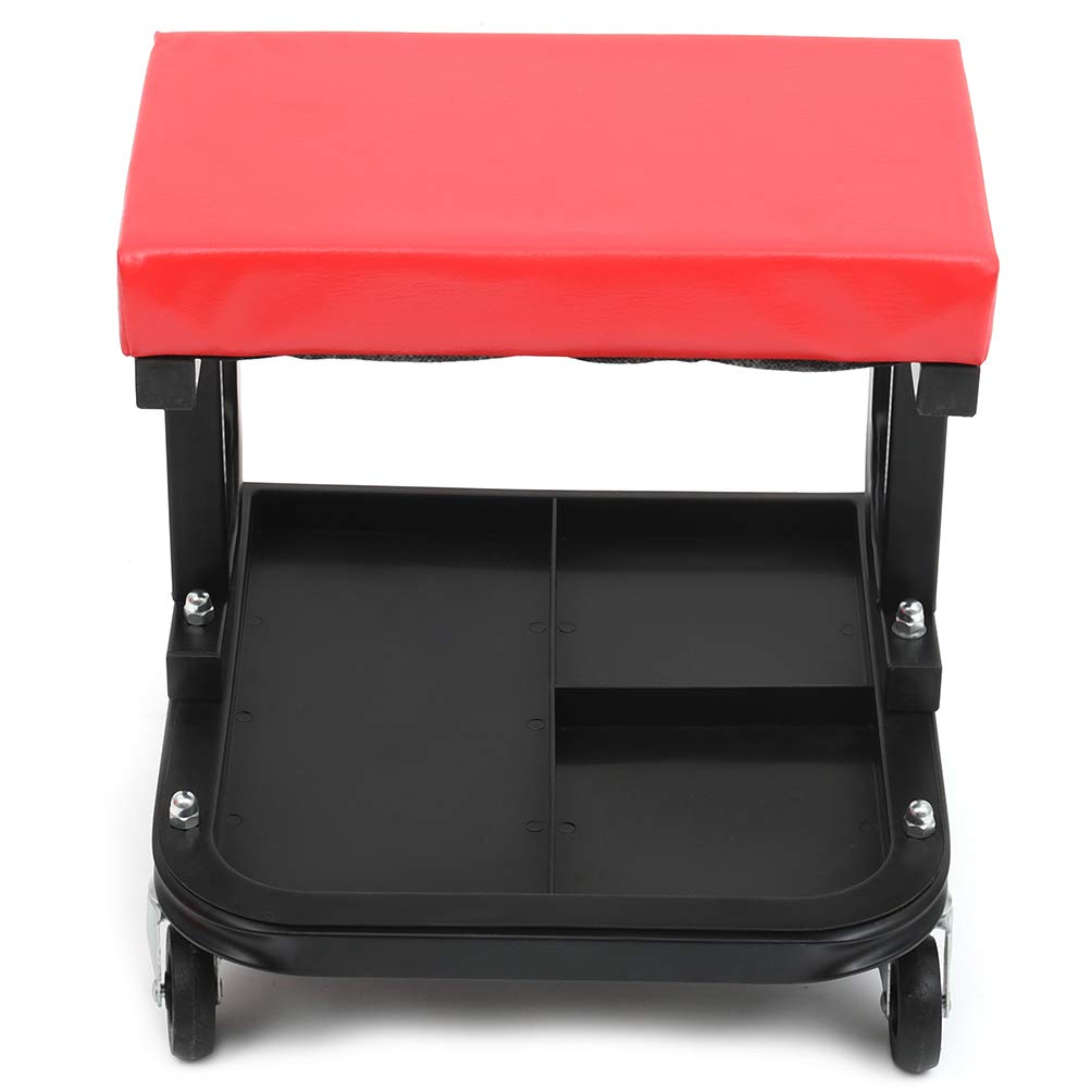 SCITOO 4-Wheel Mechanic Rolling Creeper with Padded Headrest & Tool Trays - Heavy Duty Garage Stool for Car Repair, Oil Change & Auto Maintenance - Red (Perfect for DIY Mechanics & Professional Technicians)