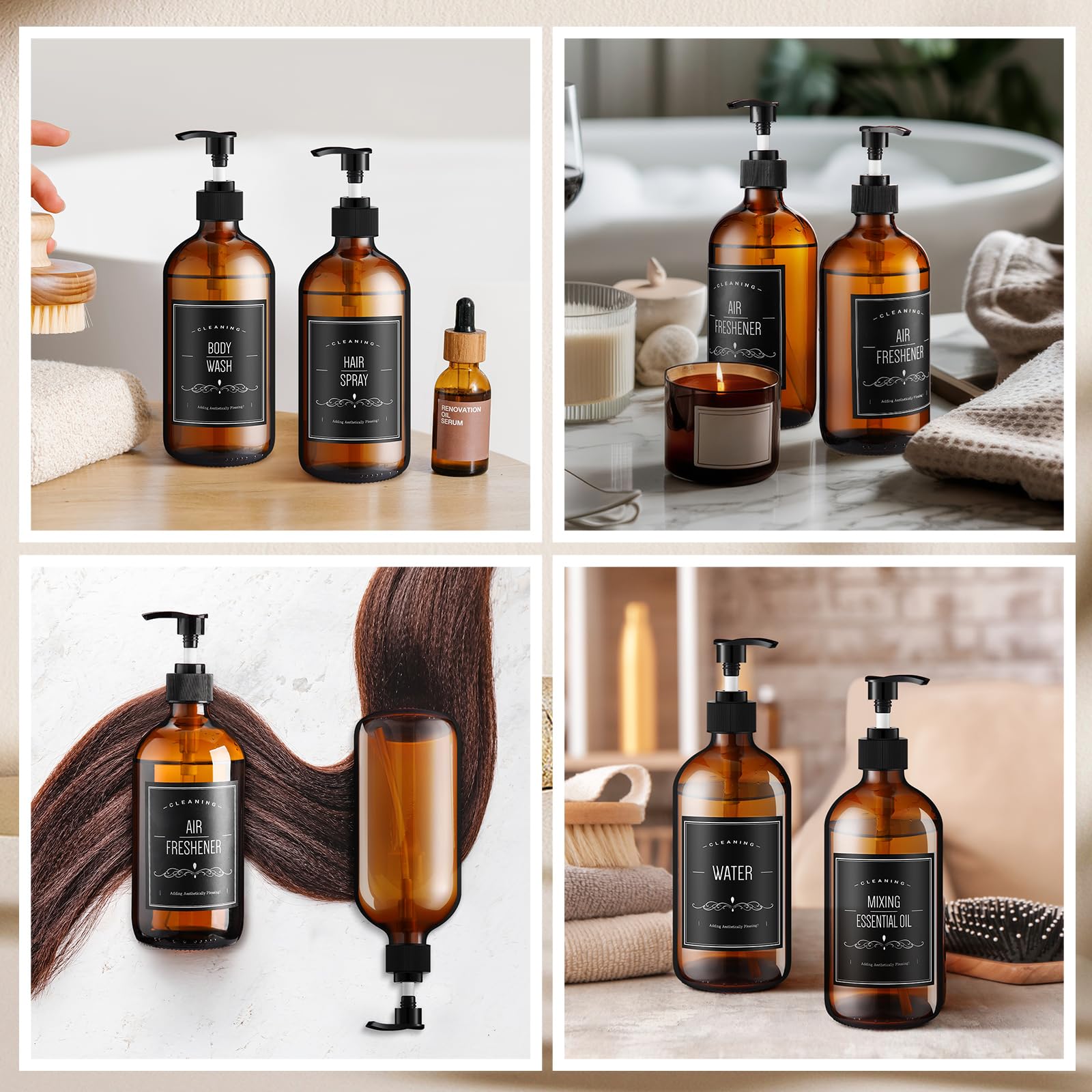 Queekay 12 Pack 16.9oz Amber Refillable Glass Bottles with Black Lotion Pumps - Reusable Shampoo, Conditioner & Soap Dispensers (Includes 2 Funnels & 12 Labels) - Perfect for Bathroom Organization, DIY Beauty Products & Eco-Friendly Home Storage