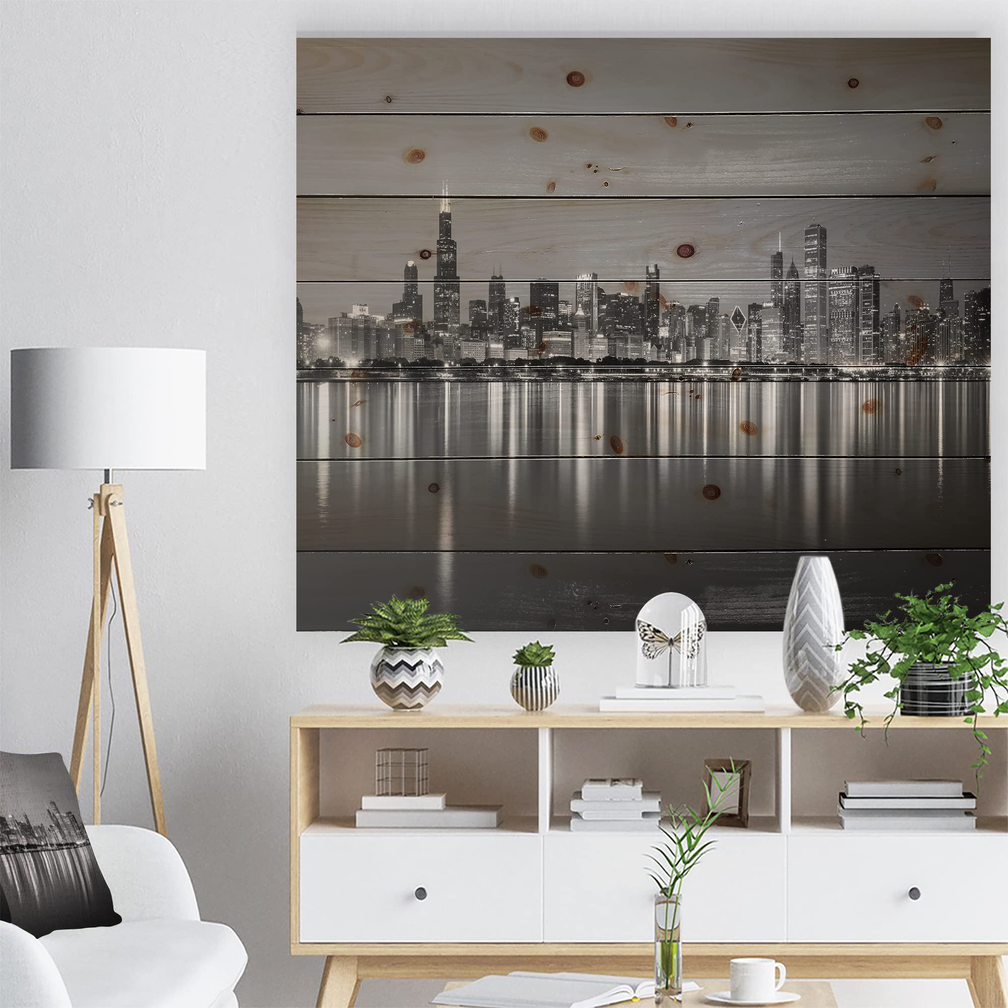 Chicago Skyline Night Black & White Industrial Wood Wall Art - Large Architecture Wood Panel Decor Printed on Natural Pine - Perfect for Living Room, Office & Modern Home Decor