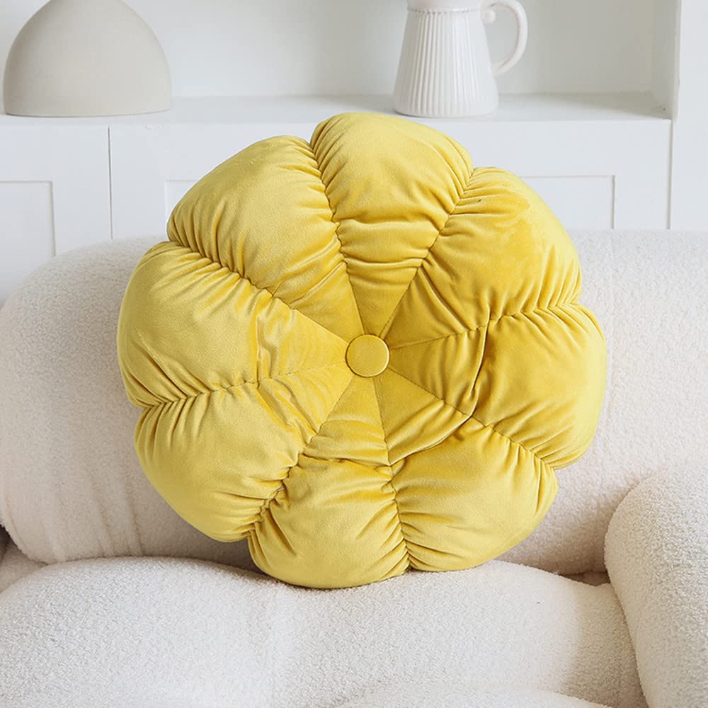 GXYR Round Velvet Throw Pillow - 21.6 Inch Decorative Pleated Floor Cushion for Sofa, Chair, Living Room, Bedroom & Car - Soft Pumpkin Yellow Home Decor Accent