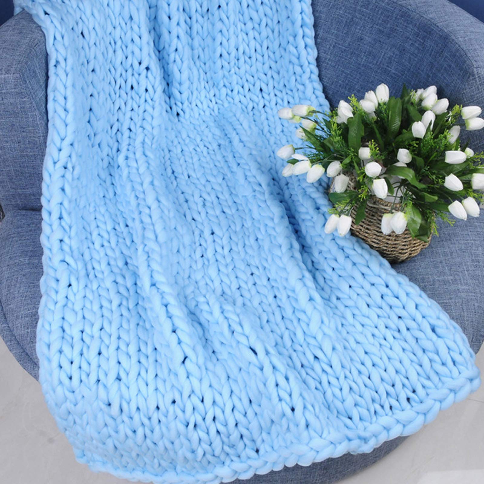 Chunky Knit Blanket Handmade Bulky Light Teal - Super Soft & Thick Knitted Throw Blanket (40x60in) | 2CM Wide Boho Home Decor | Acrylic Yarn Farmhouse Gift for Living Room, Bed & Bench Cozy Scenes