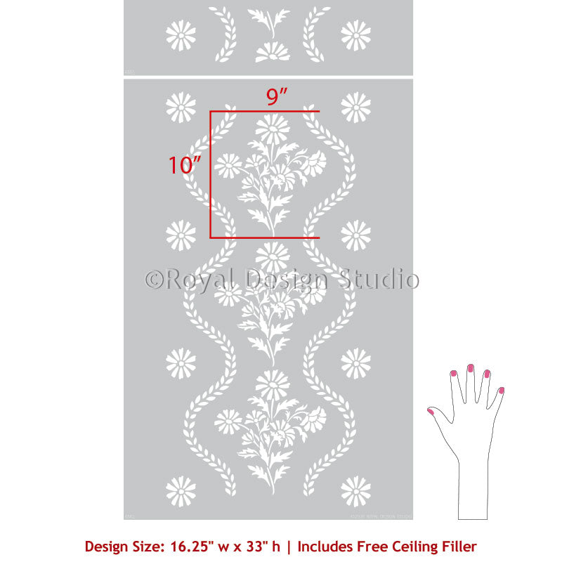 Summer Field Cottage Wall Stencil - Floral Vine Decorative Painting Template for DIY Home Decor, Nursery, Bedroom & Farmhouse Style Walls
