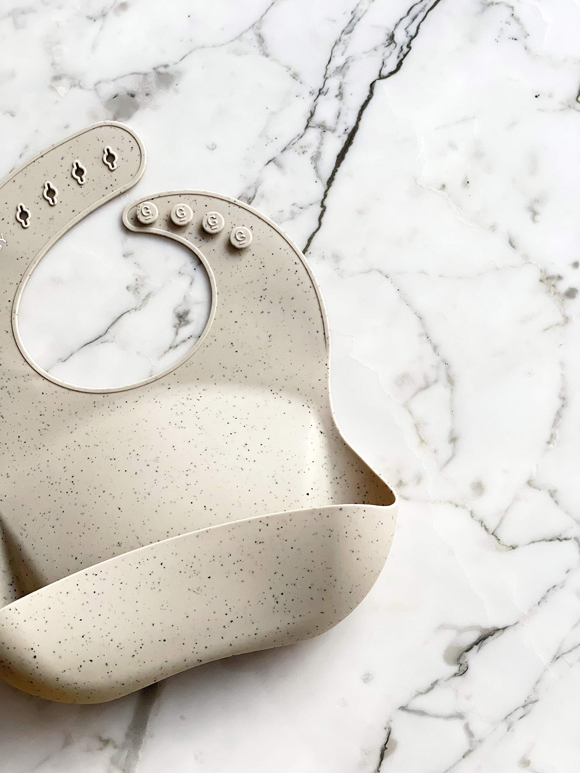 **Adjustable Silicone Baby Bib with Food Catcher - Waterproof Feeding Bib for Infants & Toddlers 4-36 Months - Soft, Easy to Clean (Speckled Sand) - Perfect for Messy Meals & On-the-Go Feeding**