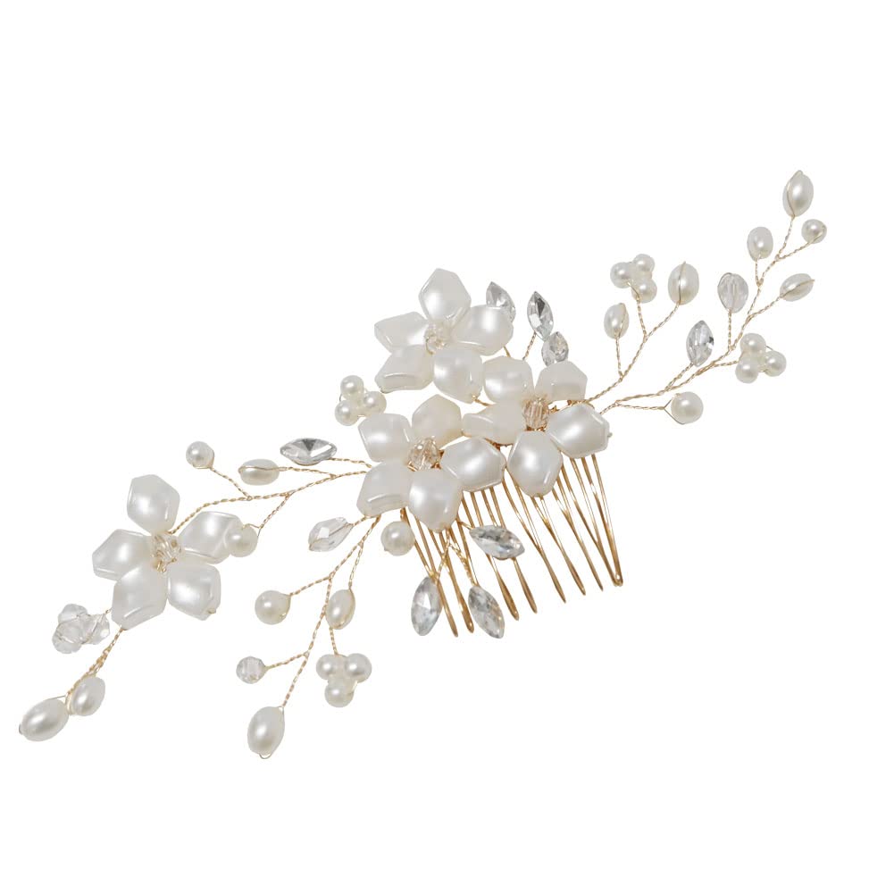 Elegant Pearl Rhinestone Silver Crystal Flower Leaf Vine Hair Comb Clip - Bridal Wedding Hair Accessories for Women & Girls (4flower_gold) | Perfect for Bridal Parties, Prom, Pageants & Special Occasions