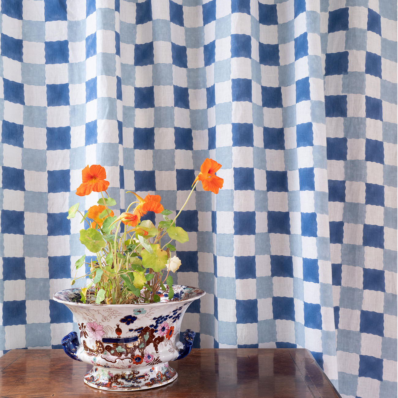Checkered Block Printed Linen Fabric in Blue - Perfect for DIY Home Decor, Upholstery & Fashion Accessories