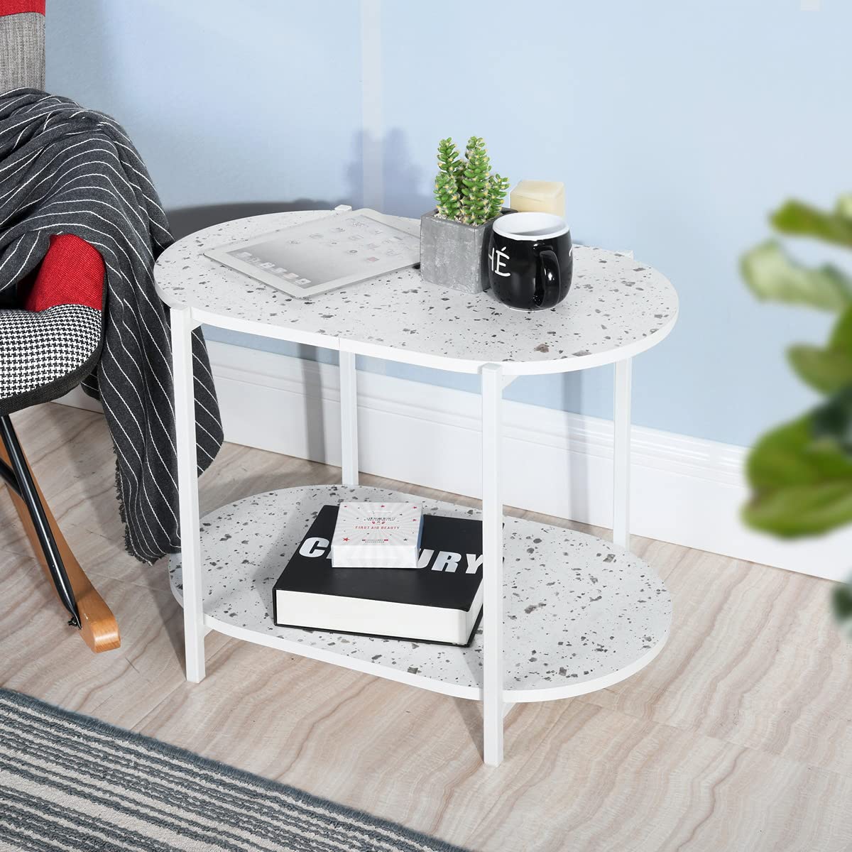 2 Tier End Table with Storage Shelves - Small Space Nightstand for Bedroom, Living Room, Hallway - White Side Table for Sofa, Couch, Snacks - Easy Assembly - Perfect for Apartments, Dorms & Cozy Spaces