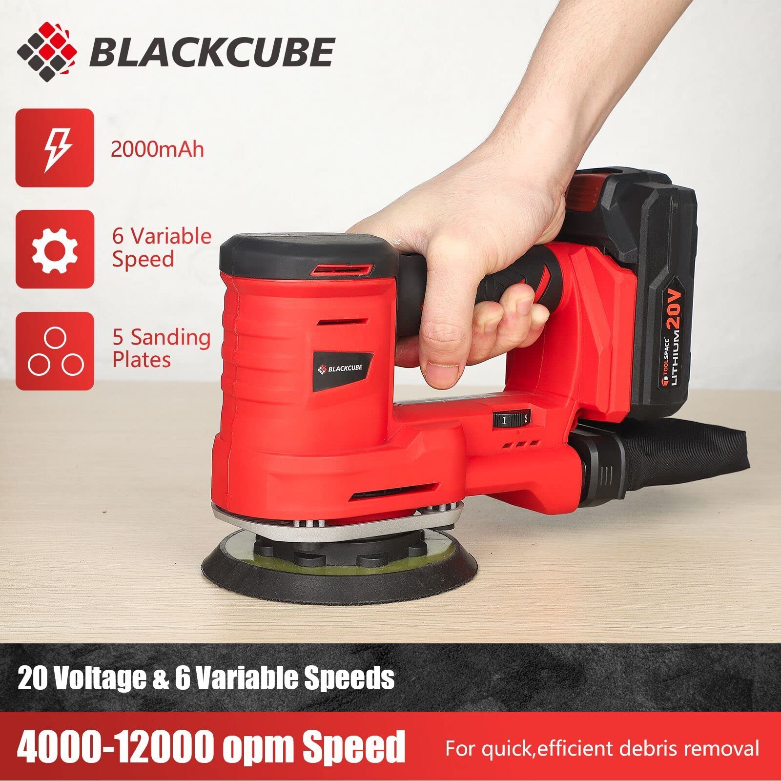 BLACKCUBE 20V Cordless 5-in-1 Multi-Function Detail Sander with 6 Speed Control, Dust Bag, 2.0Ah Battery & Fast Charger - Perfect for Wood Sanding, Furniture Refinishing, DIY Projects - Includes 10 Sanding Papers