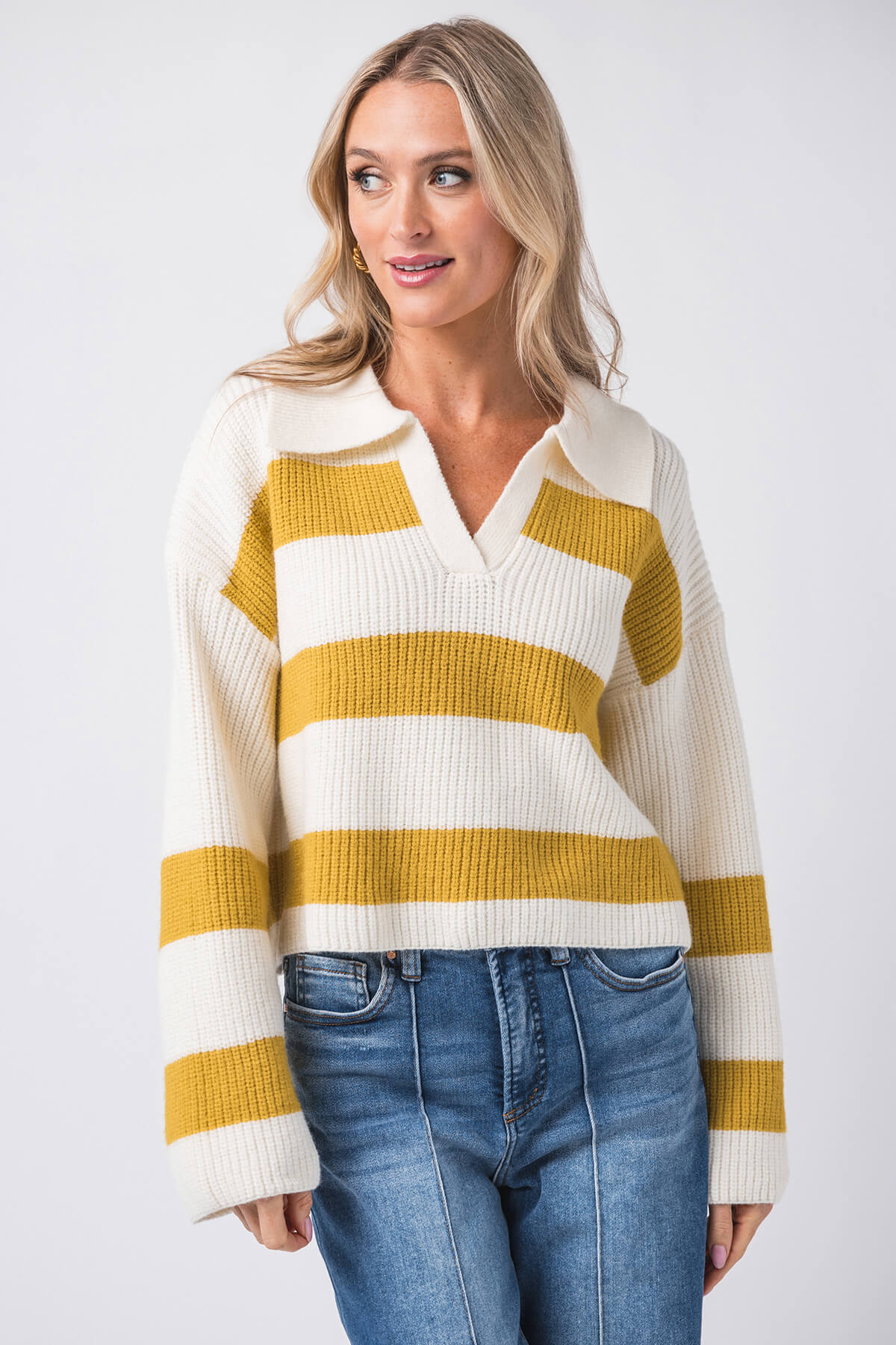 Buttermelon Stripe Drop Shoulder Wide Collar Sweater for Women - Cozy Oversized Knit Pullover for Fall & Winter, Perfect for Casual Outfits, Office Wear and Coffee Dates