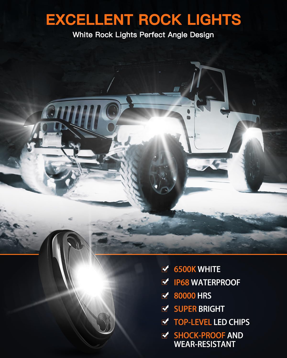 R1 Pure White LED Rock Lights Kit - 12PCS High Power Waterproof Underglow Lights with Roker Switch & Wire Harness for Trucks, Off-Road ATV, UTV, SUV | Perfect for Night Off-Roading, Car Shows & Custom Vehicle Lighting
