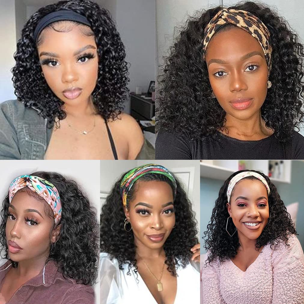 Deep Wave Headband Wig 12 Inch - 100% Human Hair Glueless No Lace Front Wig for Black Women | Brazilian Virgin Hair, 150% Density, Natural Black Color | Perfect for Daily Wear, Parties & Protective Styling
