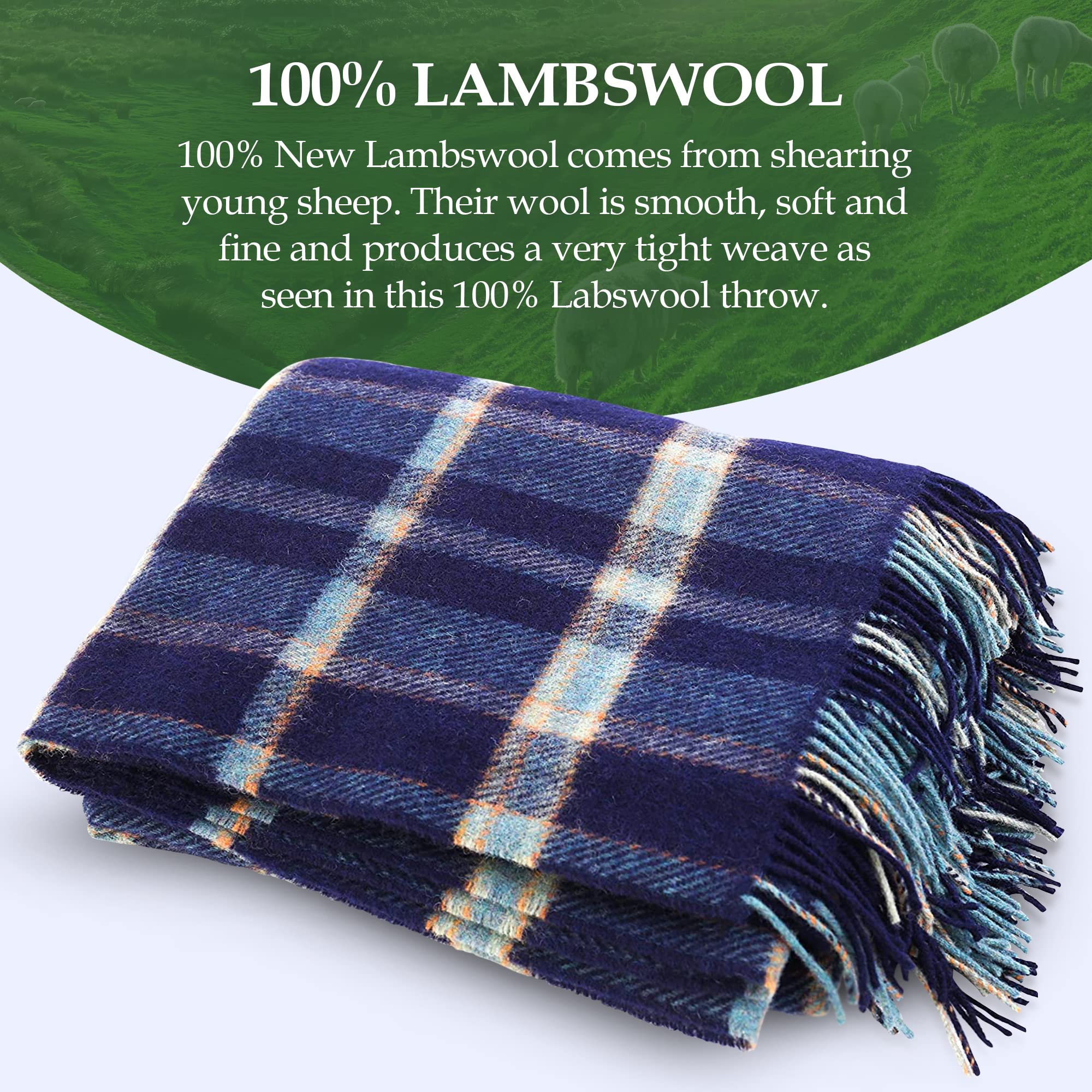 Authentic Irish 100% Wool Throw Blanket - Traditional Plaid Print, Ultra Soft & Warm Heirloom Quality Lambswool - Imported from Ireland - 54