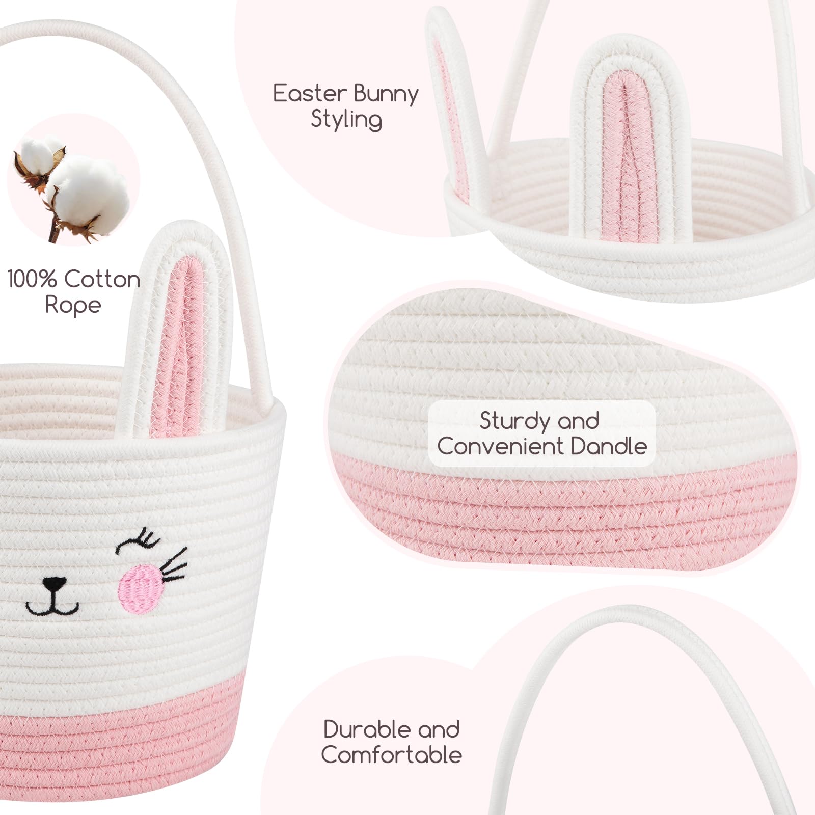 Personalized Easter Basket for Toddlers - Woven Baby Easter Gift Basket with Handle - Empty Bunny Egg Basket for Girls, Boys & Kids - Pink & White - Perfect for Easter Egg Hunts, Party Favors & Spring Decorations