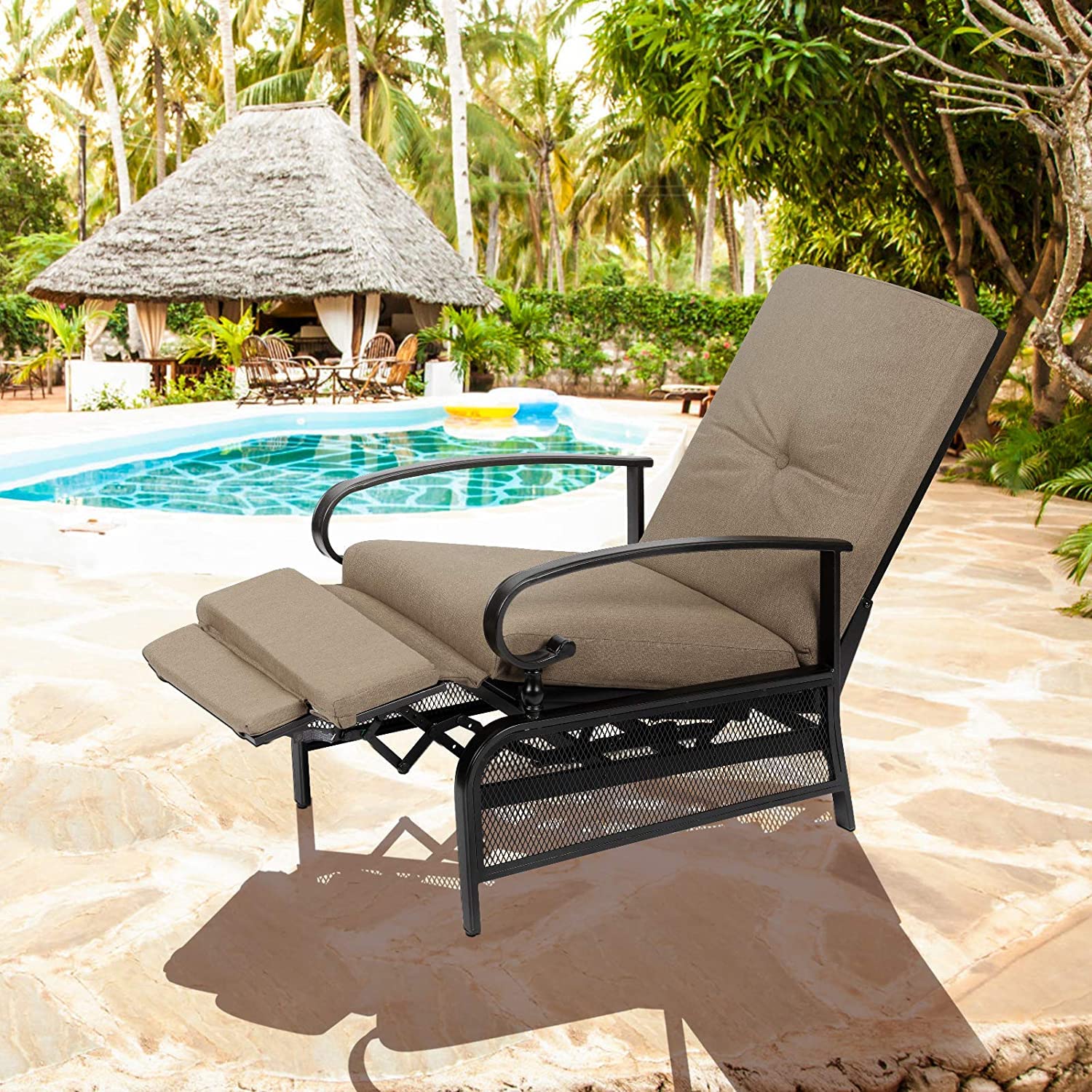 Adjustable Outdoor Lounge Chair with Removable Cushions - Durable Metal Recliner Sofa for Patio, Garden, Poolside, Backyard - Comfortable Brown Sunbathing Chair - Perfect for Relaxing, Lounging, and Enjoying Outdoor Spaces