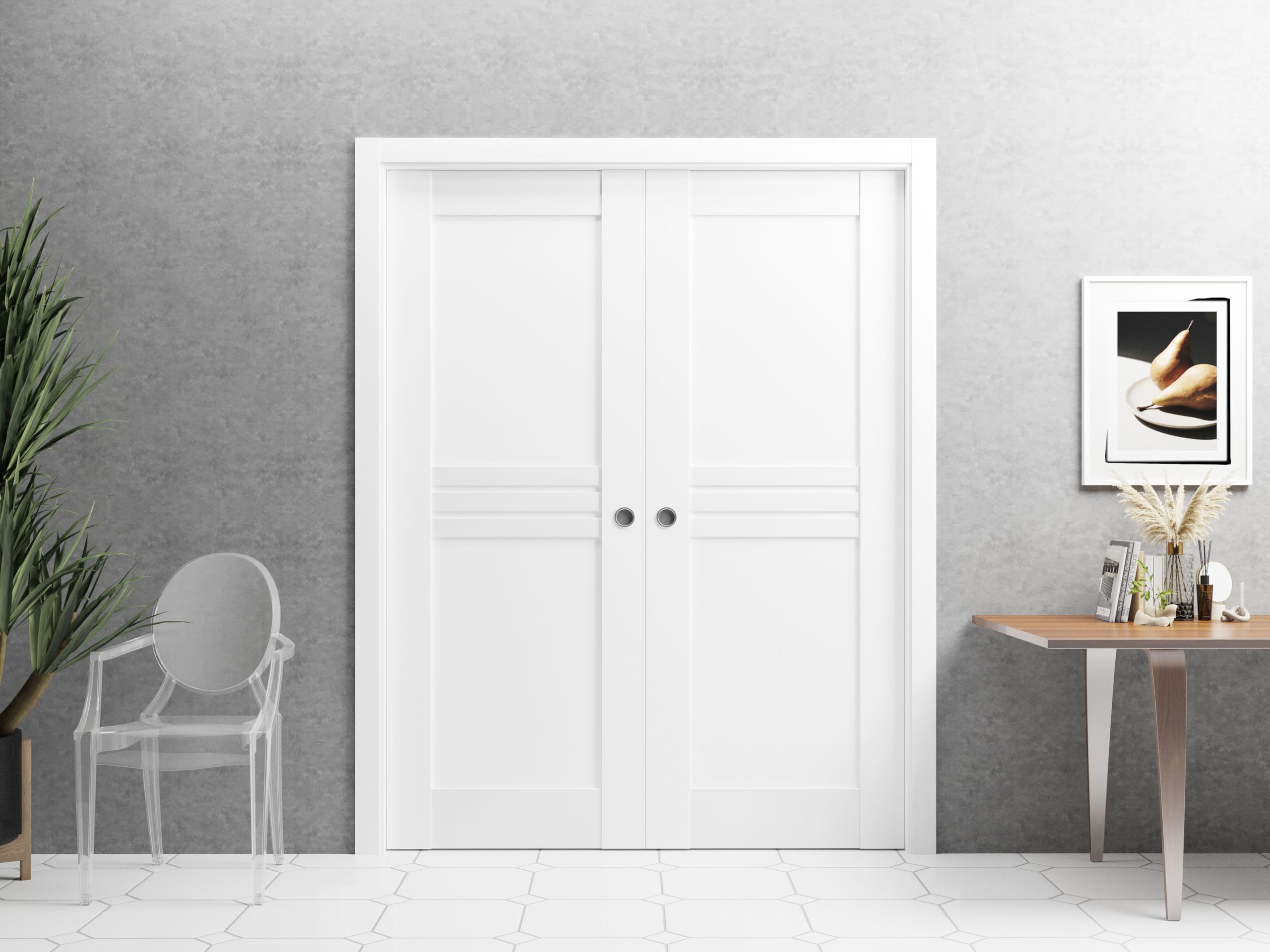 42x96 Inch White Silk Mela 7444 Slab Door Panel - Modern Finished Pocket Closet & Sliding Barn Door for Bedroom, Bathroom, and Home Office