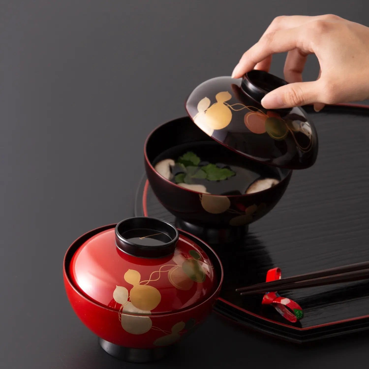 Echizen Shikki Makie Synthetic Resin Couple Soup Bowls Set of 6 - Japanese Lacquerware Gourd Design for Asian Cuisine, Ramen & Special Occasions