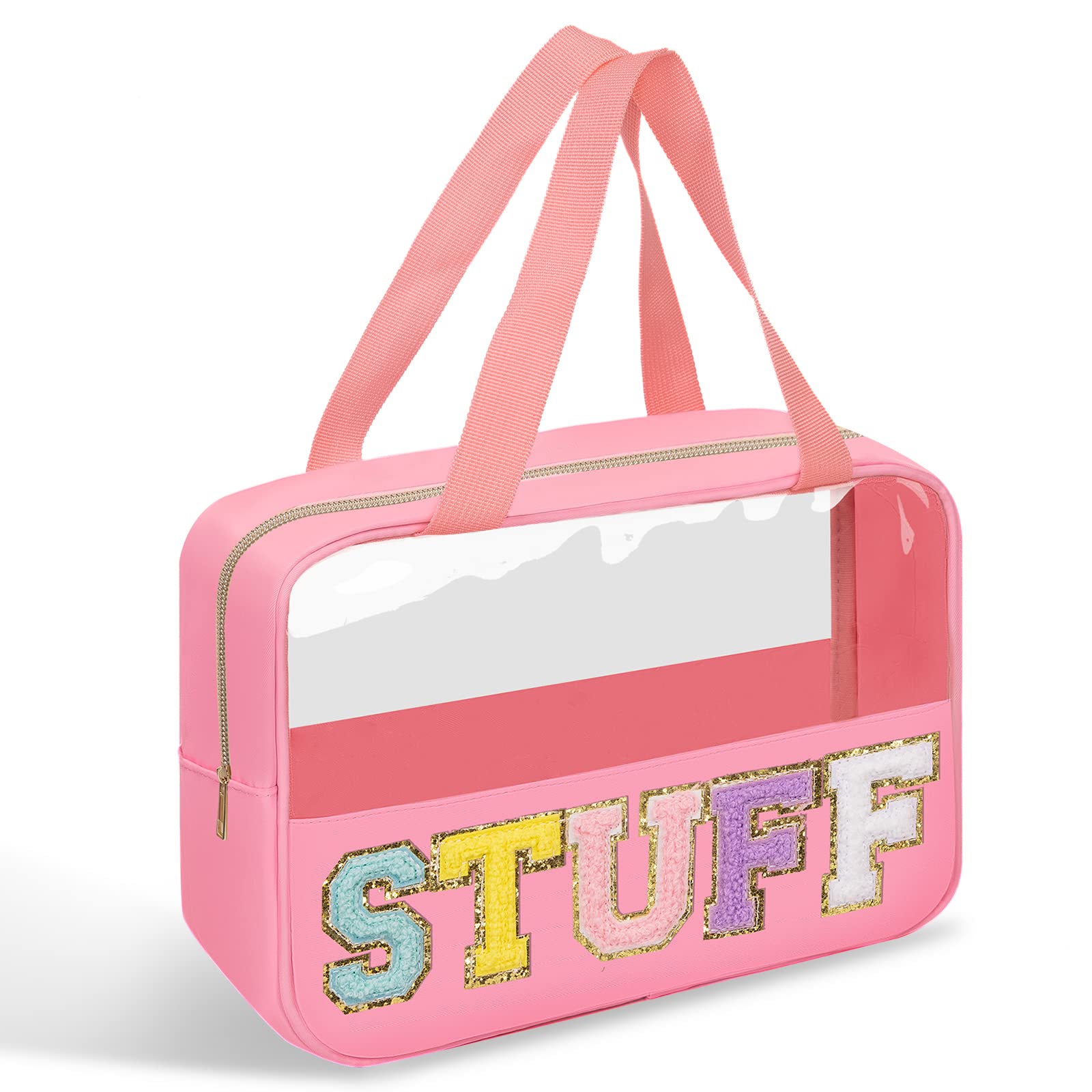 Cute Pink Chenille Letter Patches Clear PVC & Nylon Cosmetic Bag - Large Waterproof Makeup Pouch with Handle & Zipper, Preppy Travel Toiletry Organizer for Women & Girls | Perfect for School, Gym, Travel & Daily Essentials Storage