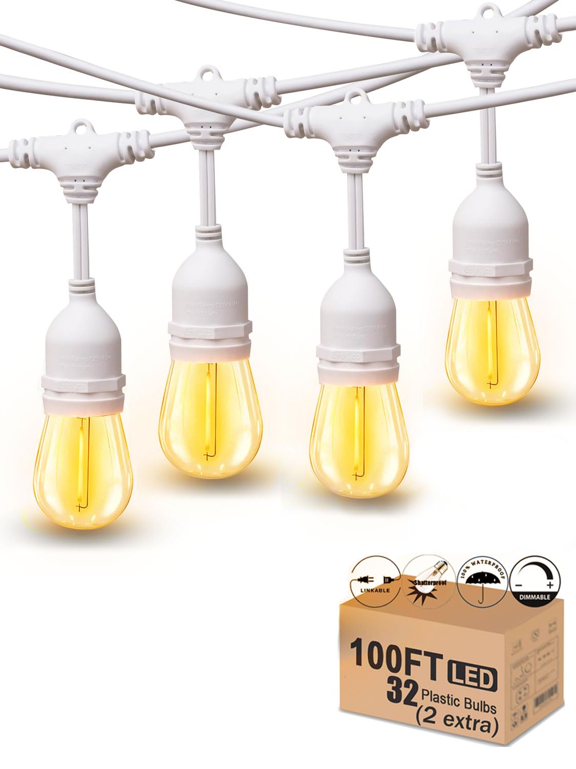100FT LED Outdoor String Lights - 32 Dimmable Shatterproof 1W Bulbs, White Waterproof Patio Lights for Wedding, Pergola, Gazebo, Bistro - Perfect for Backyard, Garden, and Outdoor Party Decorations