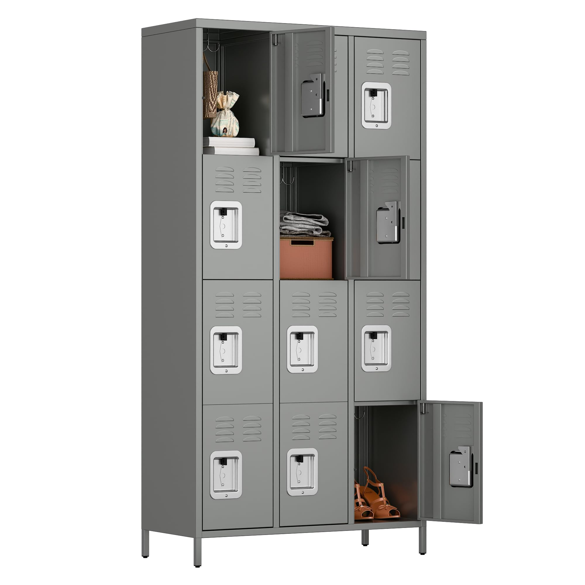 12-Door Metal Locker Organizer - Heavy Duty Steel Storage Cabinet for School, Gym, Office, Home & Garage (Light Grey, Assembly Required) - Perfect for Employee Storage, Sports Equipment & Home Organization