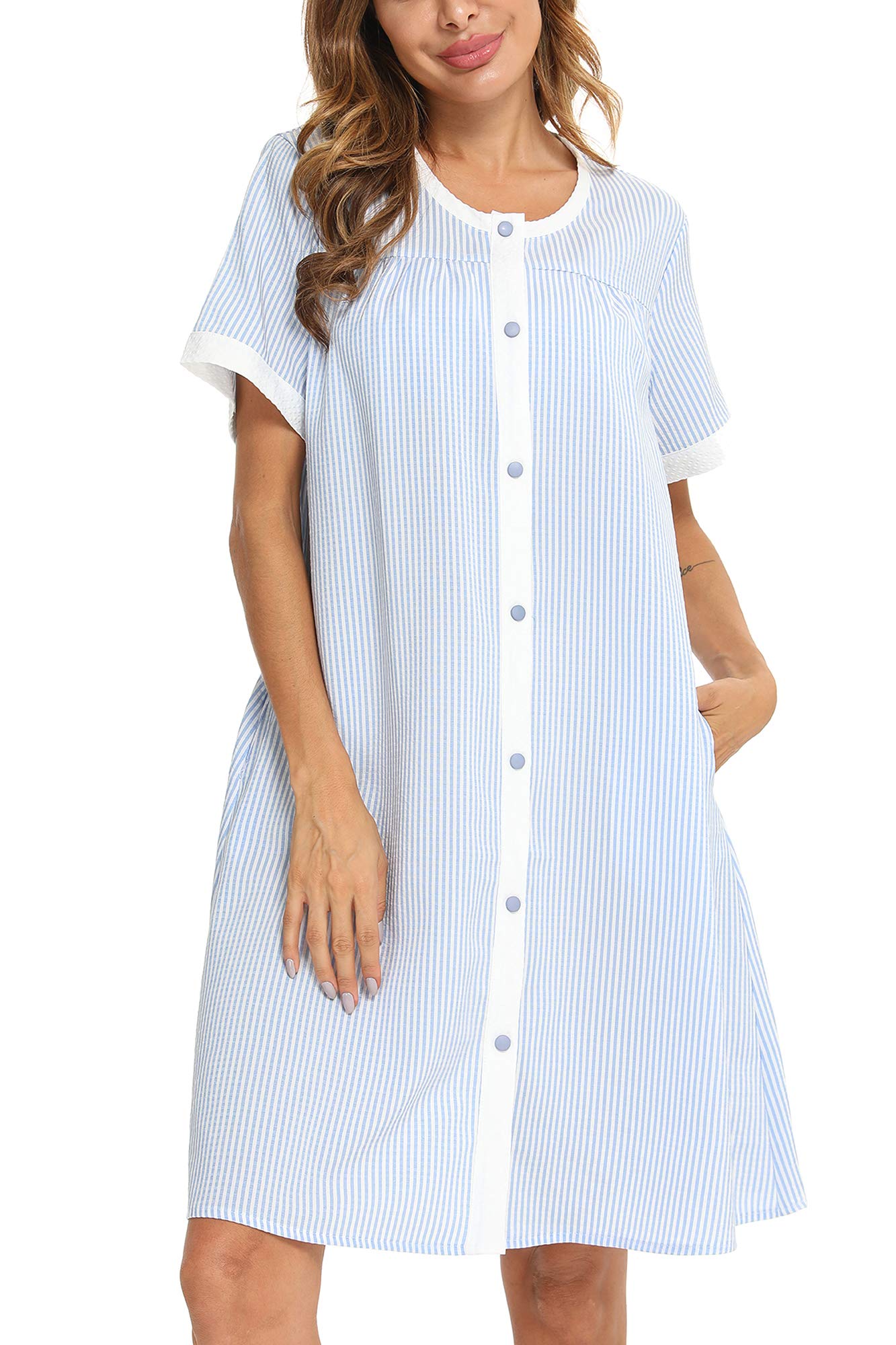 YOZLY Women's Short Sleeve House Dress with Pockets - Comfortable Home Robe, Duster & Nightgown for Lounge, Sleep & Relaxation at Home