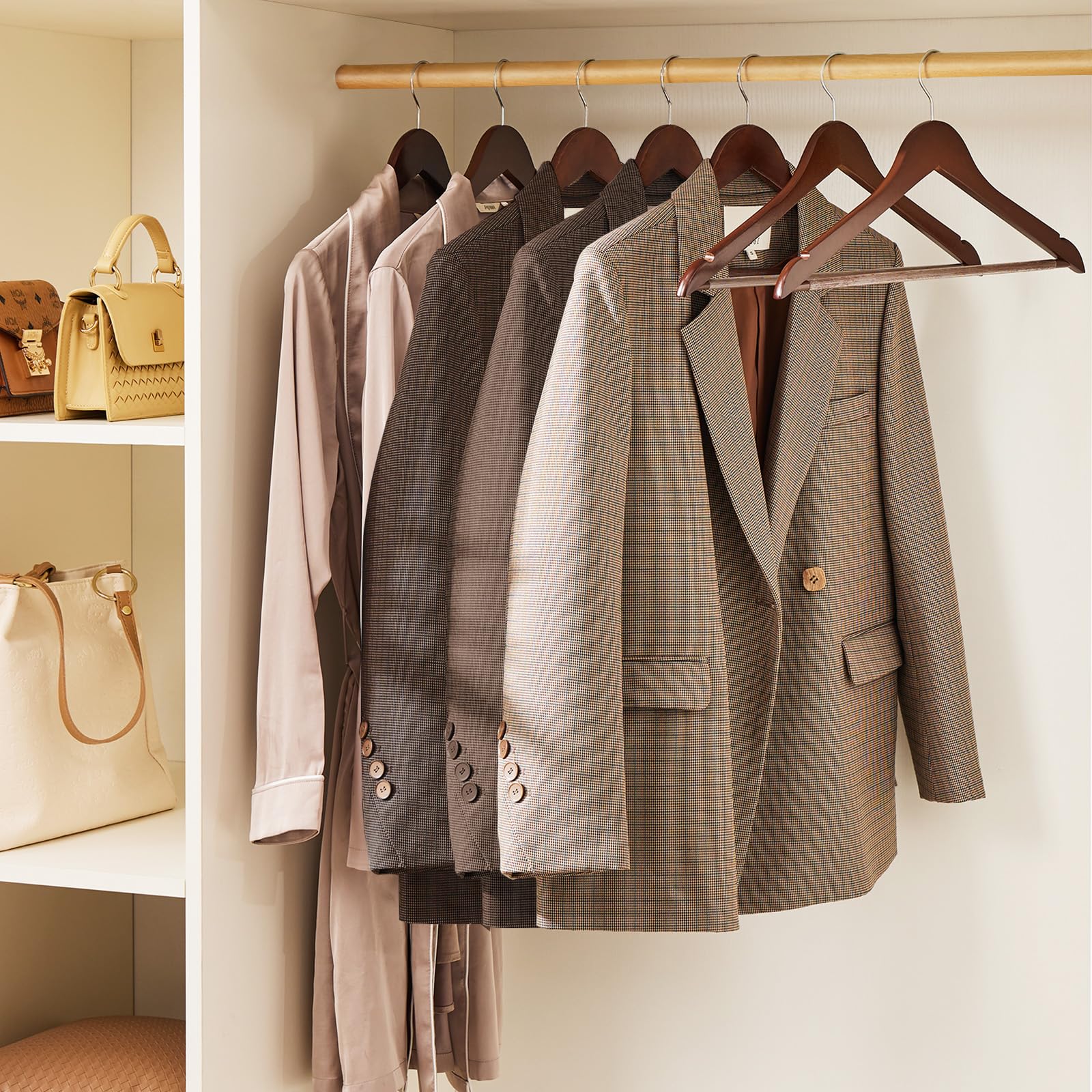 Premium 10-Pack Solid Natural Wooden Coat Hangers - Heavy Duty Smooth Finish with Non-Slip Pant Bar & Chrome Swivel Hook - Perfect for Closets, Wardrobes, Suits & Jackets Organization (Ideal for Home, Office & Hotel Use)