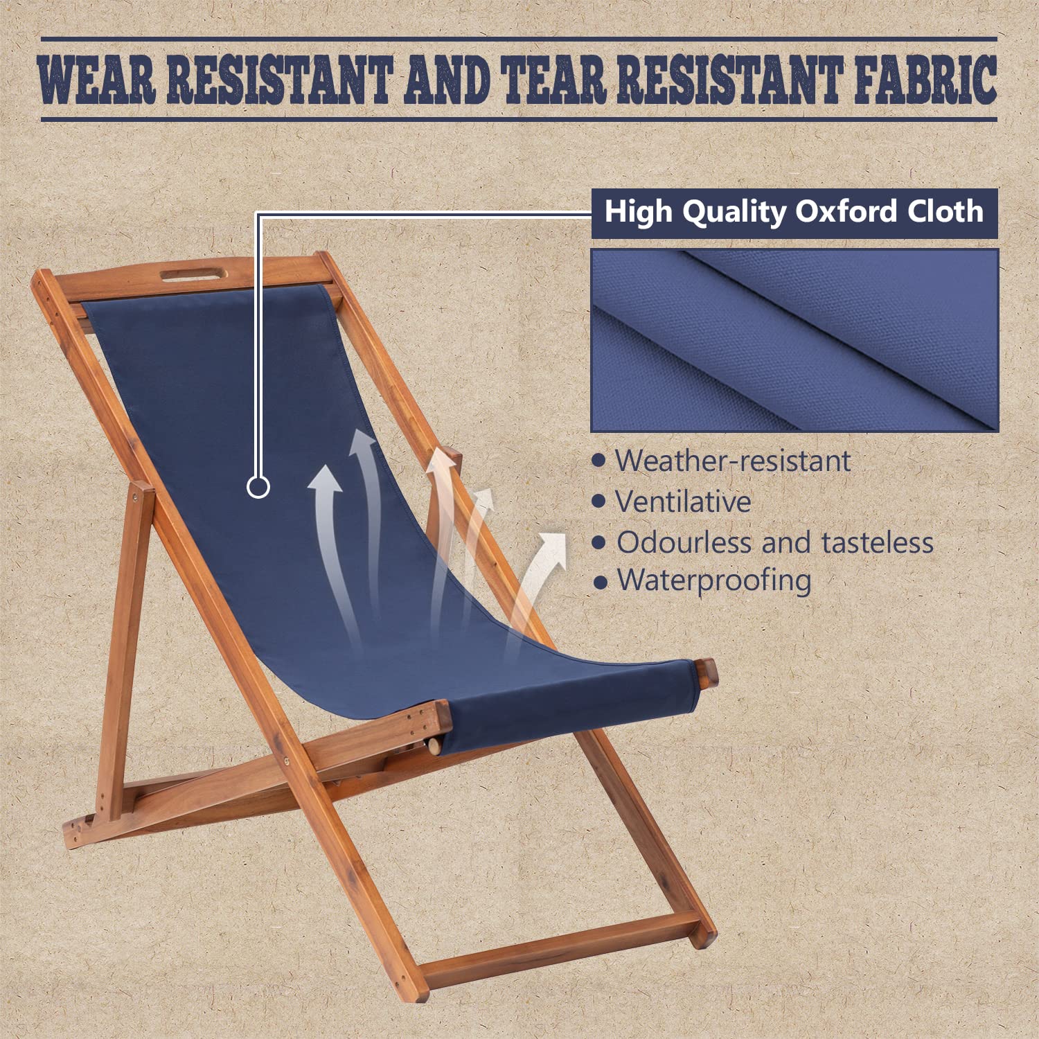 2-Piece Outdoor Wooden Patio Lounge Chair Set - Portable Reclining Beach Chairs with Solid Wood Frame & White Polyester Canvas - 3 Adjustable Positions, Blue - Perfect for Backyard, Poolside, and Beach Relaxation