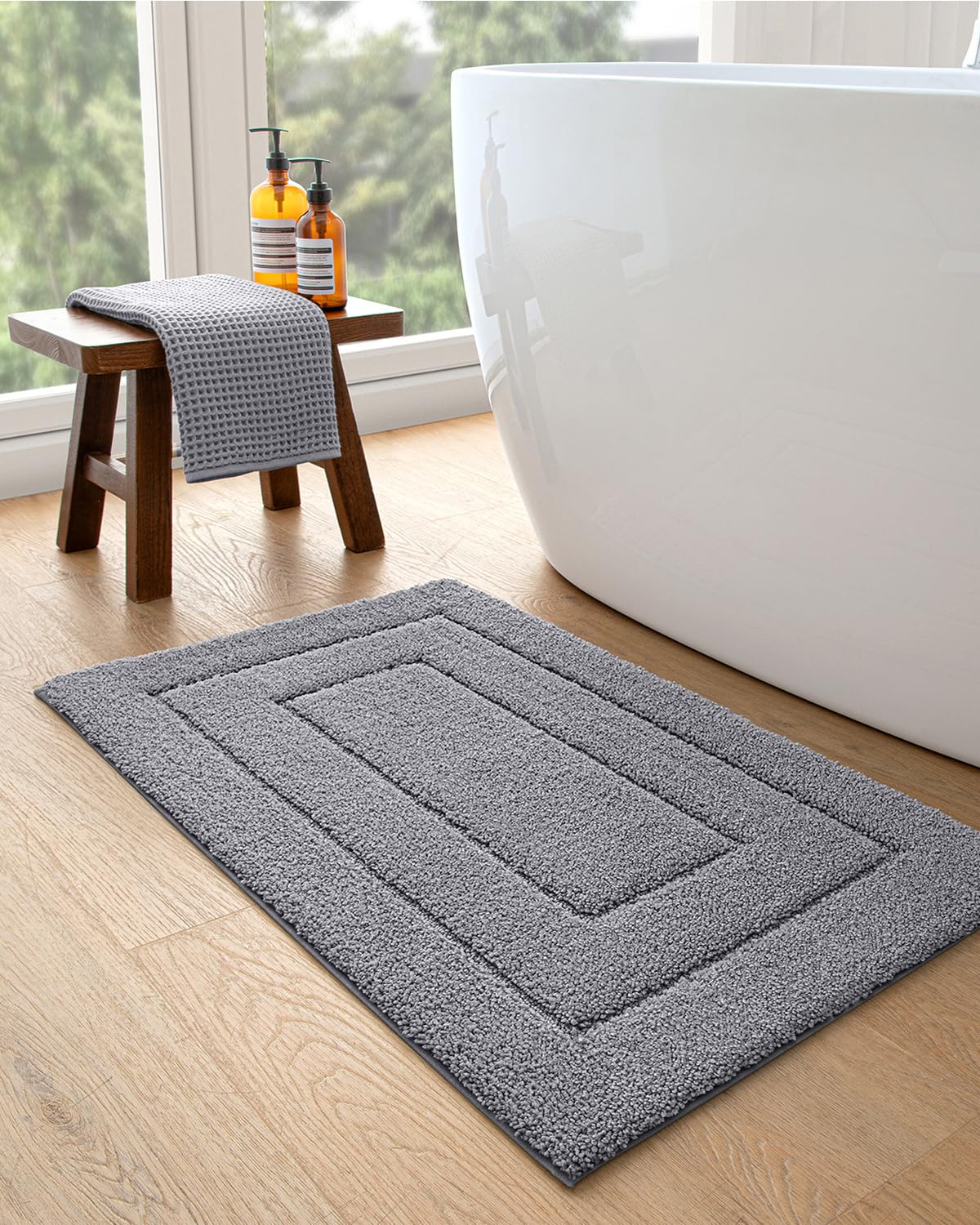 DEXI Non-Slip Bathroom Rug 36x24 Inch, Super Absorbent Quick Dry Shower Mat with Rubber Backing - Soft Washable Microfiber Bath Mat for Bathroom Floor, Grey - Perfect for Bathroom, Shower & Vanity Areas