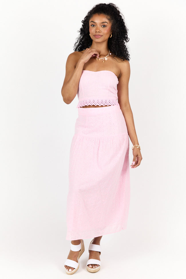 Take It Easy Pink Eyelet Tube Top Set - Women's Fashion Summer Crop Top & Shorts Outfit for Beach, Party, and Casual Wear