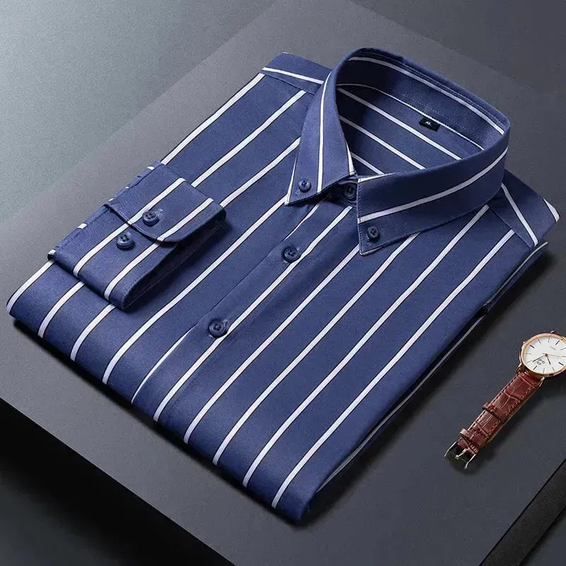 Men's Business Casual Wide Striped Shirt - Slim Fit Long Sleeve Button Down Dress Shirt for Office, Work & Formal Occasions