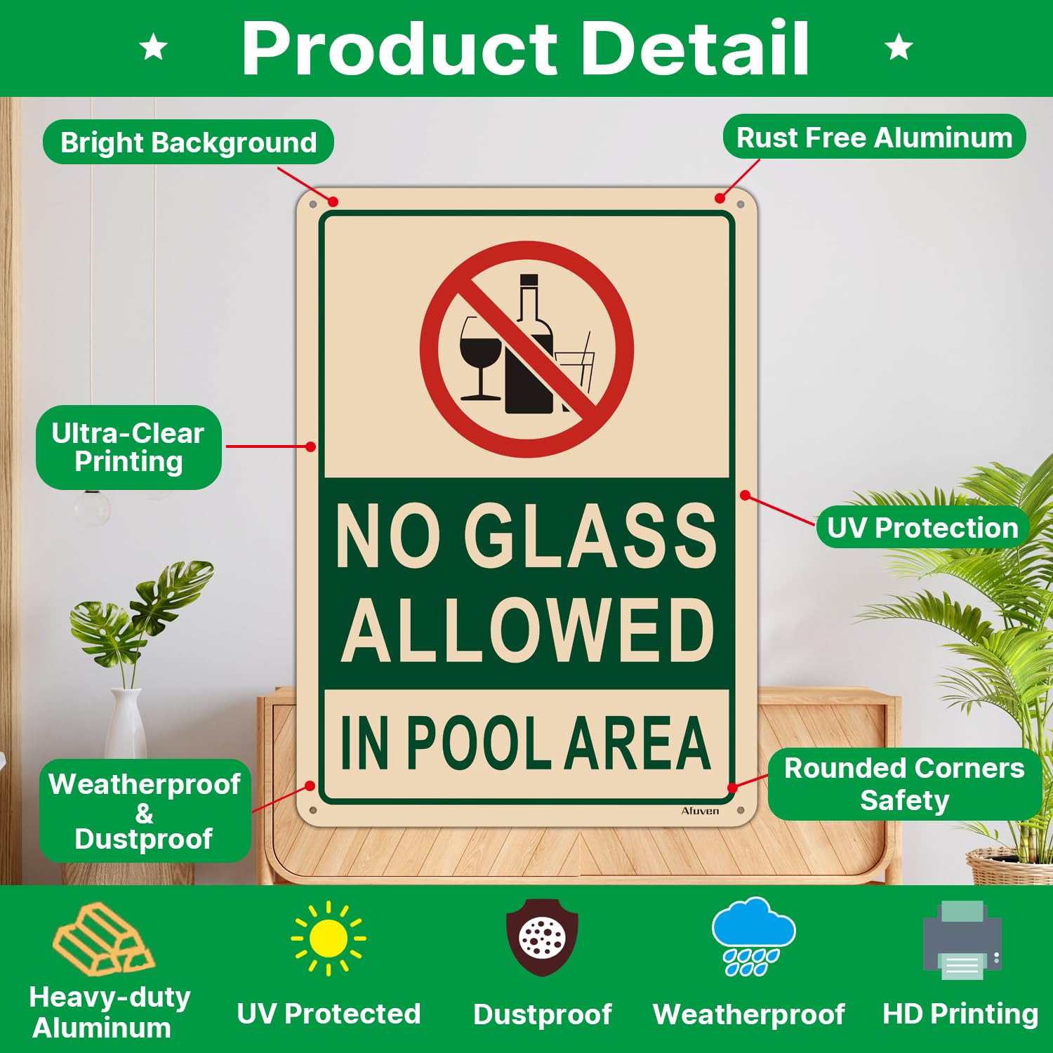 No Glass Allowed in Pool Area Sign 10”x7” - Rust-Free Aluminum Pool Rules & Safety Sign, Weatherproof & Easy to Install (2 Pack) - Perfect for Public Pools, Hotels, and Backyard Swimming Areas