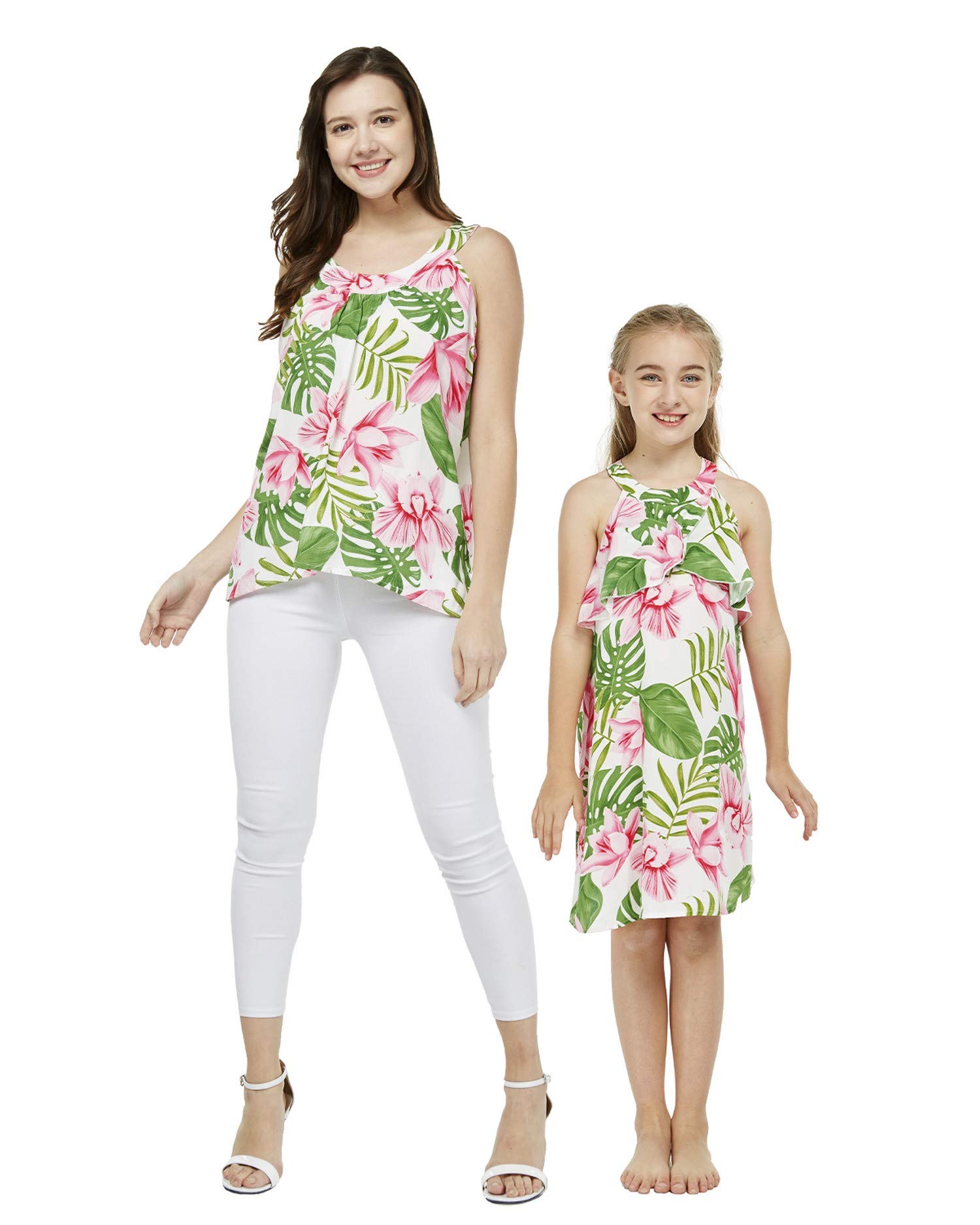 Hawaiian Luau Matching Mother Daughter Outfit - Black Wispy Cereus Tank Top & Ruffle Dress Set for Beach Party, Family Vacation & Summer Photoshoot