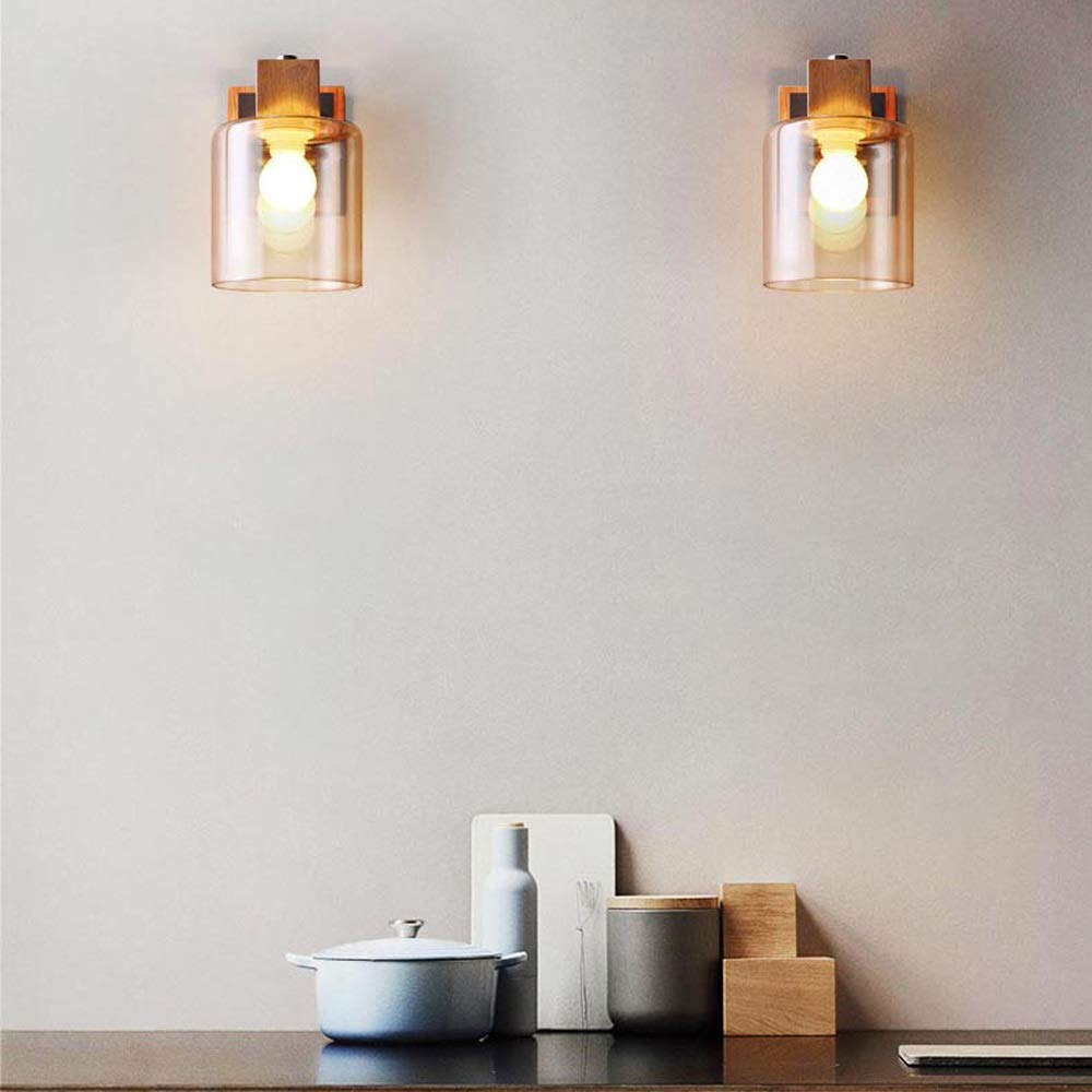 PEHUB Simple Glass Solid Wood Wall Lamp - Creative Rustic Bedside Lighting Fixture with E27 Socket for Living Room, Bedroom, Hallway - Perfect for Cozy Ambiance & Night Reading