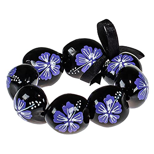 BlueRica Hand Painted Flower Kukui Nut Bracelet - Hawaiian Style Beaded Jewelry for Women, Boho Chic Accessory for Beach, Vacation & Summer Outfits