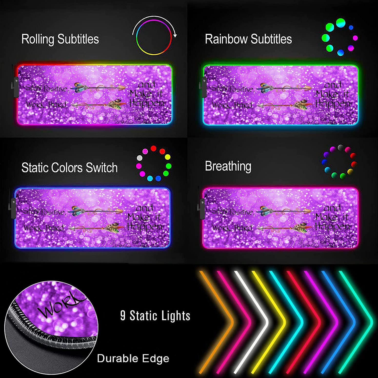 RGB Gaming Mouse Pad - Large LED Light-Up Desk Mat with Non-Slip Base, Purple Motivational Design for PC Gamers & Office Workers | Perfect for Esports, Streaming & Home Office Setup