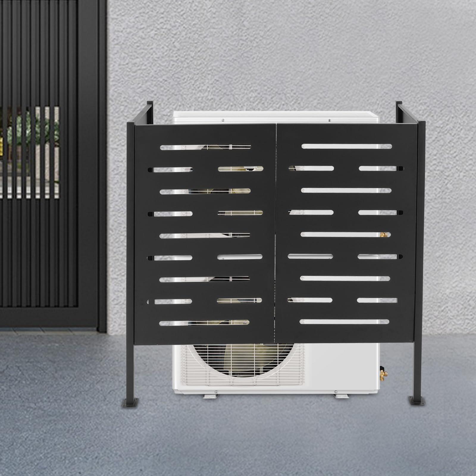 Outdoor AC Unit Privacy Fence - 3-Panel Black Wooden Screen with Metal Stakes (48.03