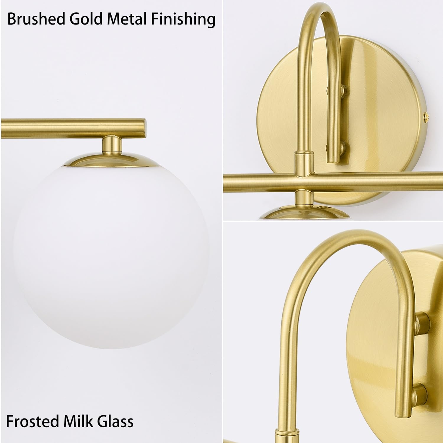 Modern Gold Bathroom Vanity Lights - 3-Light Brushed Gold Wall Sconces with Globe Glass Shade for Mirror Lighting | Waterproof Bathroom Fixtures for Home & Hotel Decor