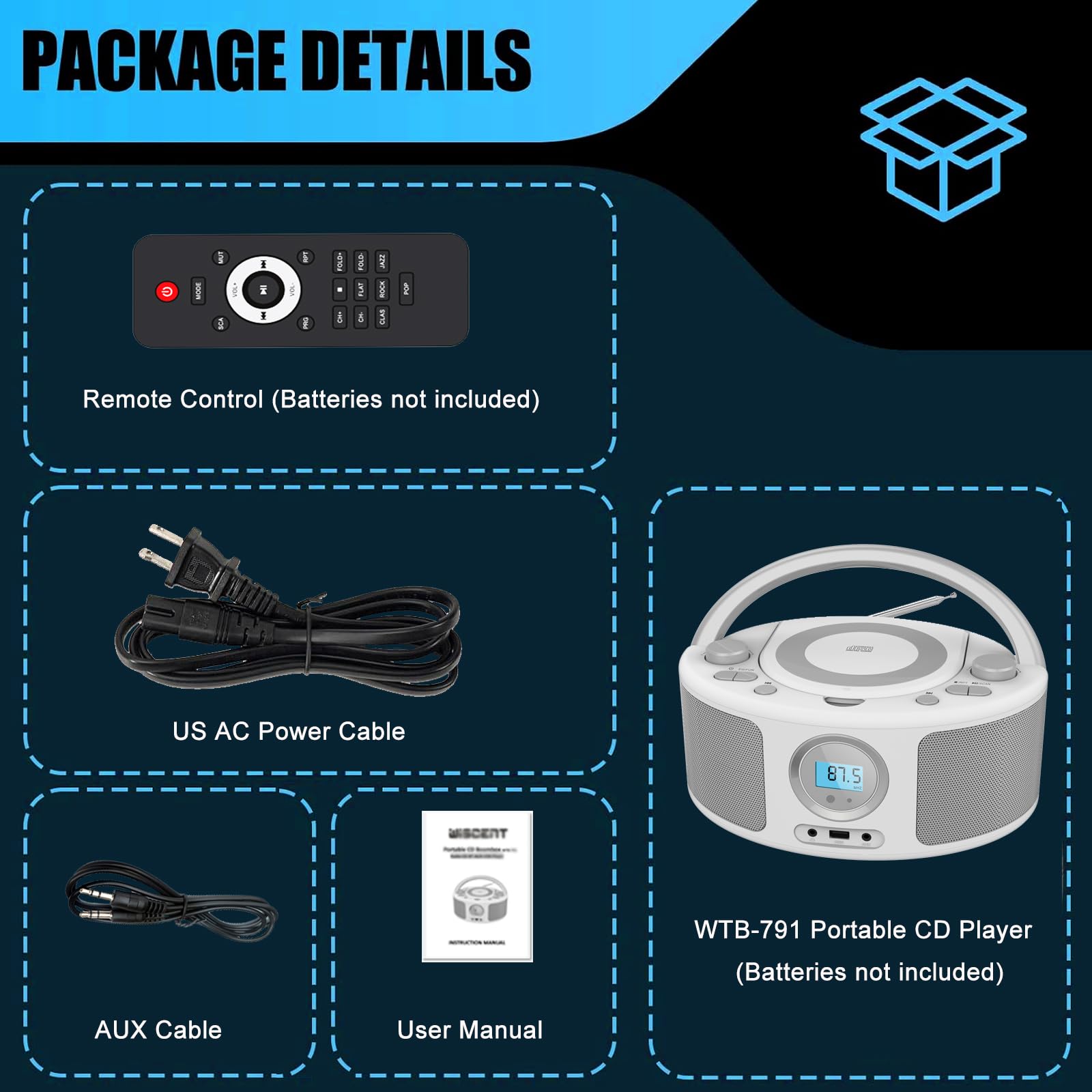 Portable CD Player Boombox with Bluetooth, FM Radio & Remote Control - USB/AUX Input, CD-R/CD-RW/MP3/WMA Playback, AC/Battery Powered (WTB-791) - Perfect for Home, Office, Travel & Outdoor Use
